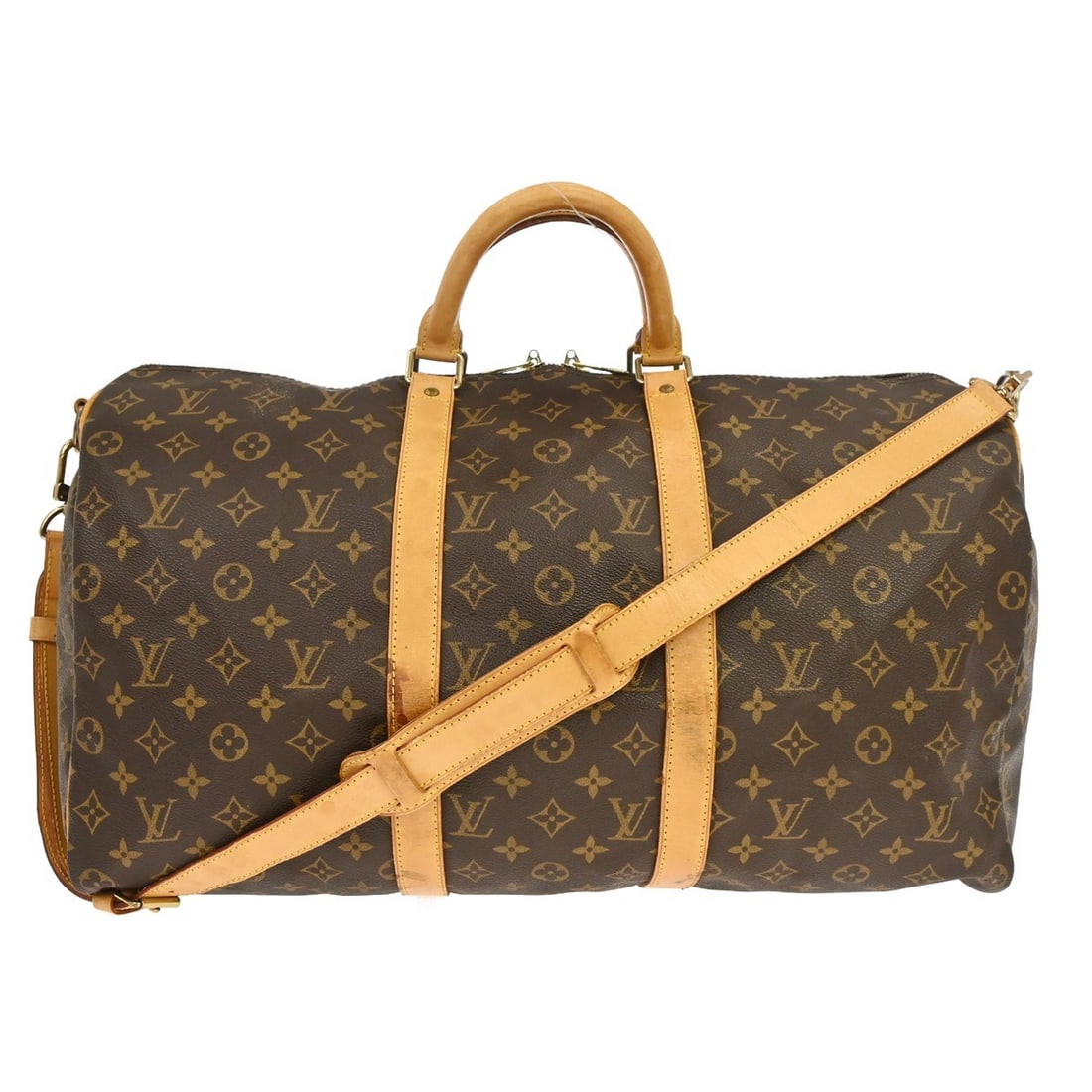 Louis Vuitton Keepall 50 Monogram Canvas Travel Bag: Louis Vuitton Keepall 50 Monogram Canvas Travel Bag This Louis Vuitton Keepall Bandouliere 50 handbag features the iconic monogram canvas exterior with beige leather double handles and a zip closure. 