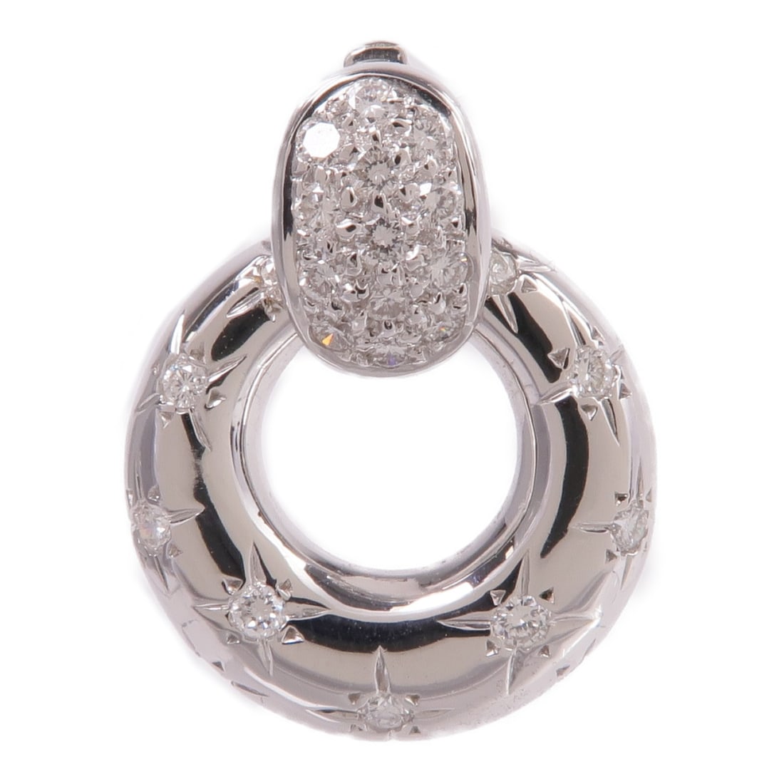 Diamond Pendant Top in 18K White Gold by JEWELRY: Diamond Pendant Top in 18K White Gold by JEWELRY This exquisite pendant top showcases a stunning diamond set in luxurious 18K white gold. Designed with elegance in mind, it features a clear frame that