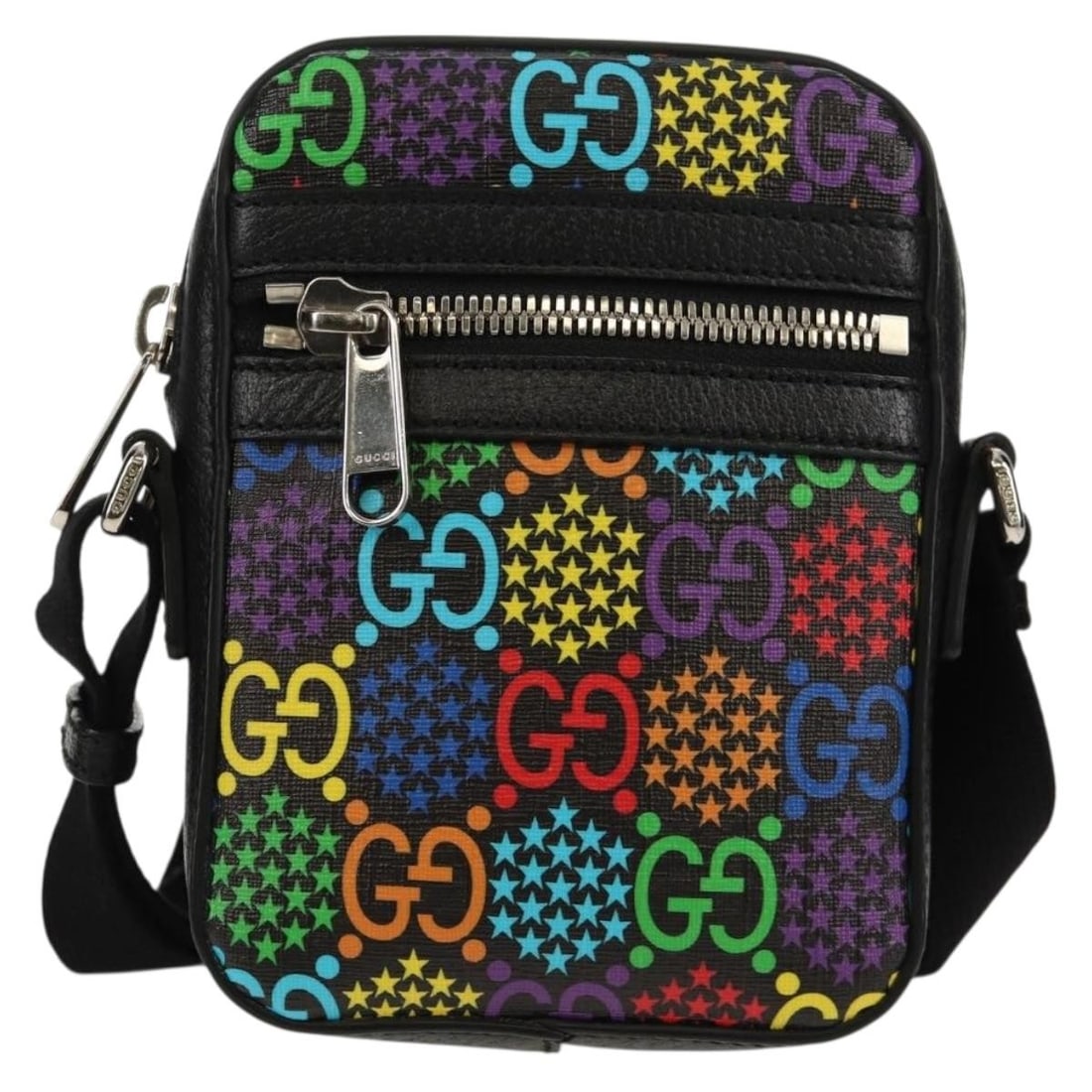 Gucci Psychedelic Print Coated Canvas Front Zip Messenger Bag: Gucci Psychedelic Print Coated Canvas Front Zip Messenger Bag This Gucci Front Zip Messenger Bag features a vibrant psychedelic print on coated canvas, designed for unisex use. It offers a compact and