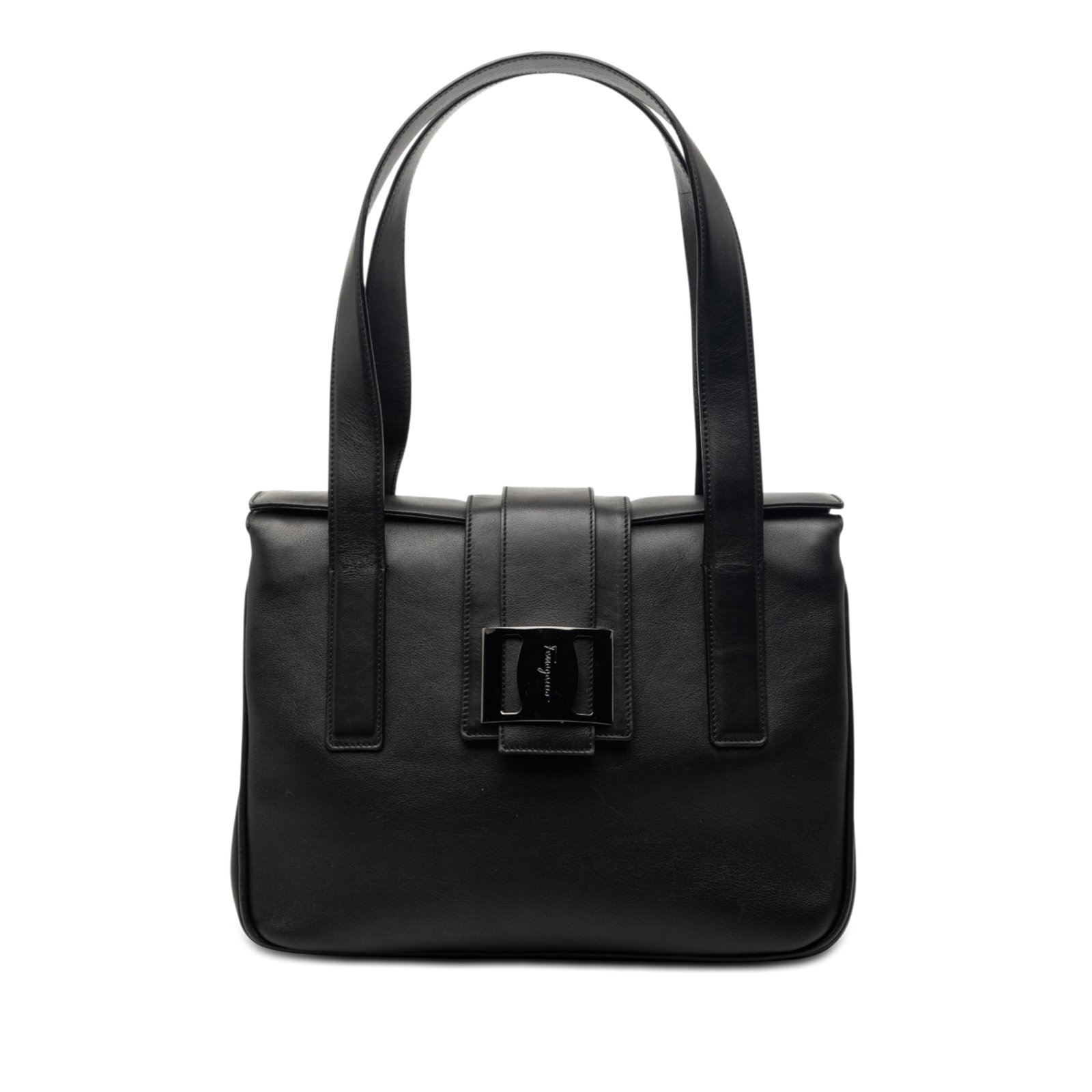 Ferragamo black leather tote bag: Ferragamo black leather tote bag This Ferragamo leather tote features a classic black leather exterior with flat leather handles and a fold-over flap secured by a strap and clasp closure. The interior
