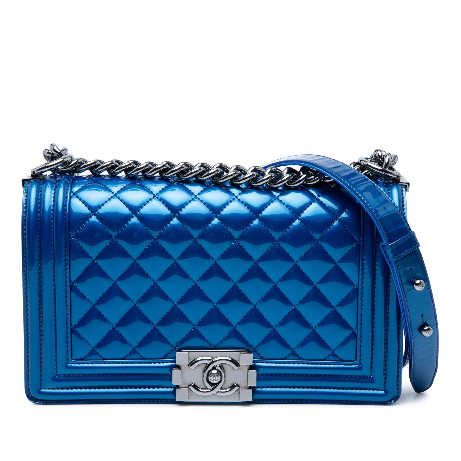 Chanel Boy Flap Metallic Patent Leather Medium Blue: Chanel Boy Flap Metallic Patent Leather Medium Blue This Chanel Old Medium Quilted Metallic Patent Boy Flap bag features a blue quilted patent leather body with a metallic finish. It is designed with 