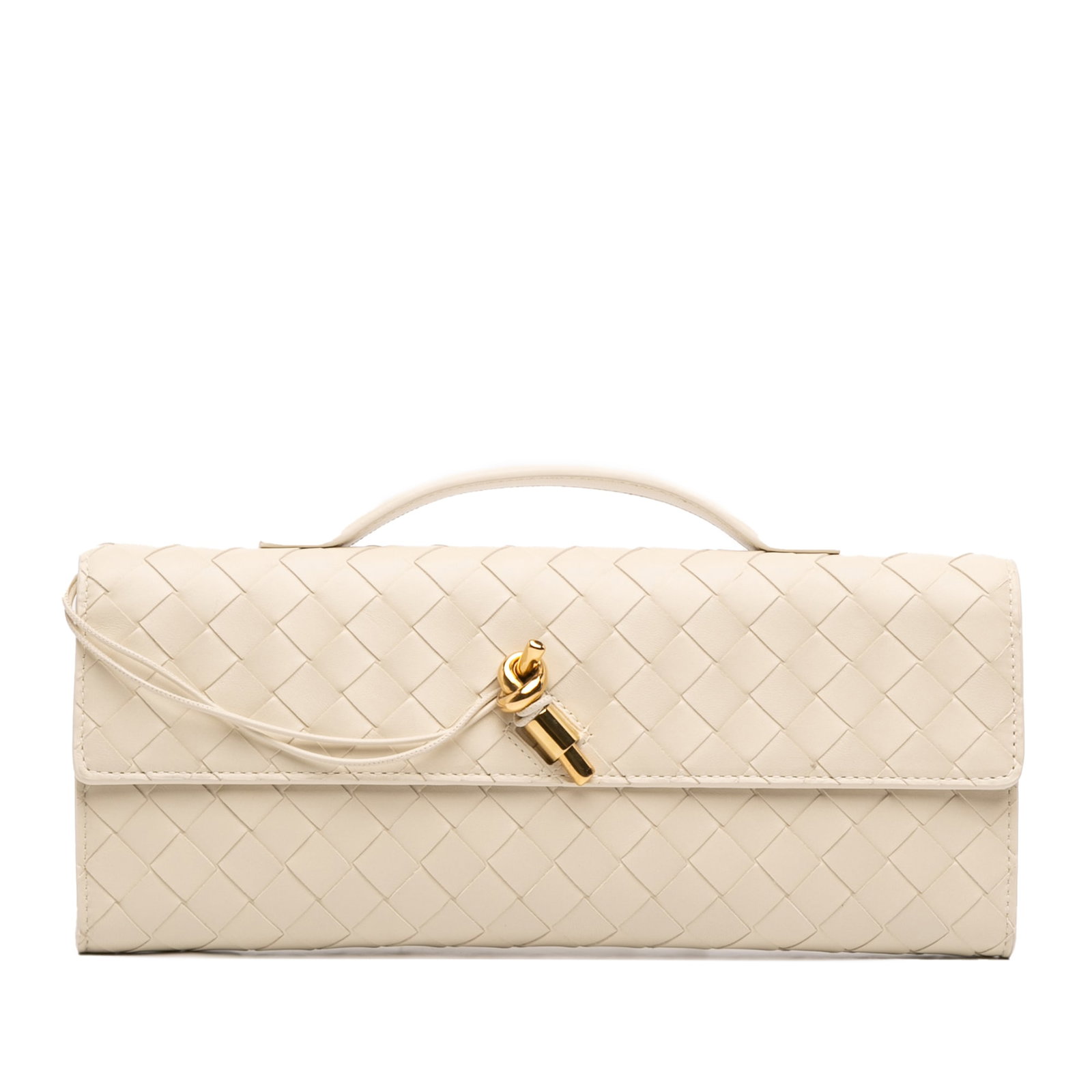 White Intrecciato Lambskin Andiamo Clutch Bag with Metallic Knot by Bottega Veneta: White Intrecciato Lambskin Andiamo Clutch Bag with Metallic Knot by Bottega Veneta This clutch bag showcases Bottega Veneta's signature woven lambskin leather design. It features a flat leather top