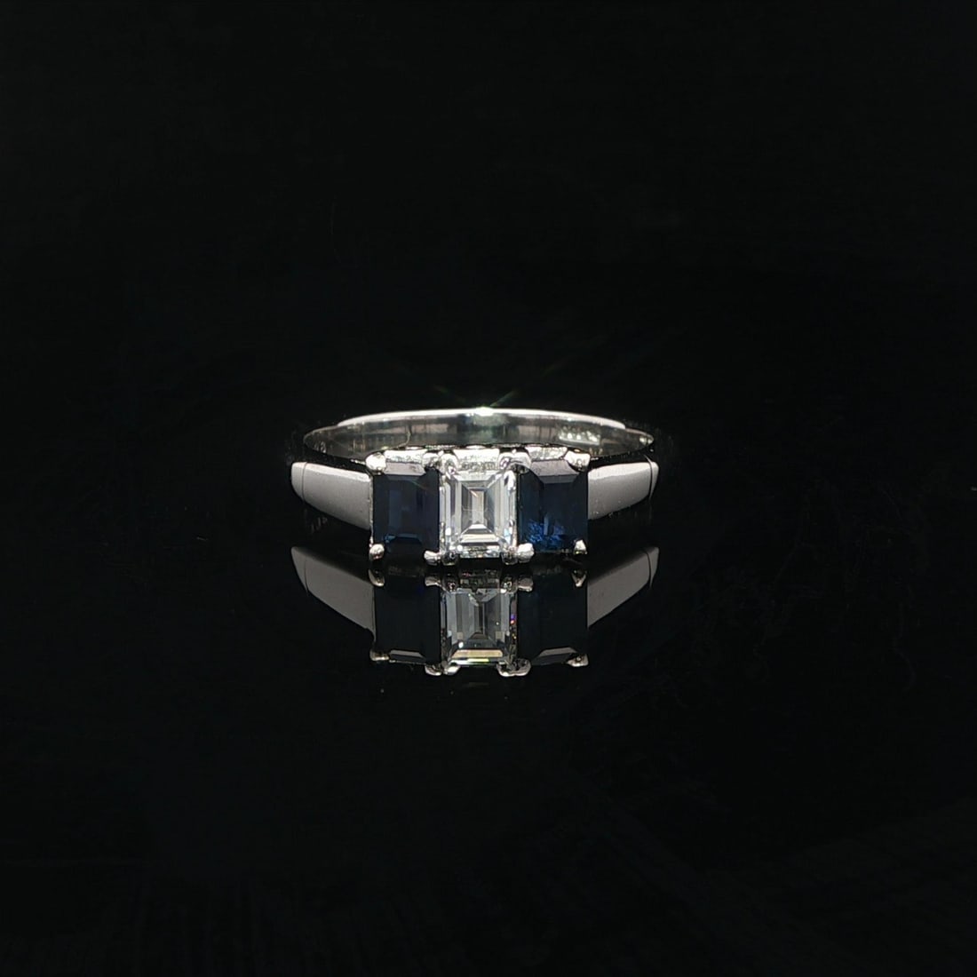 Platinum Three Stone Ring with Rectangular Diamond and Blue Sapphires - 10