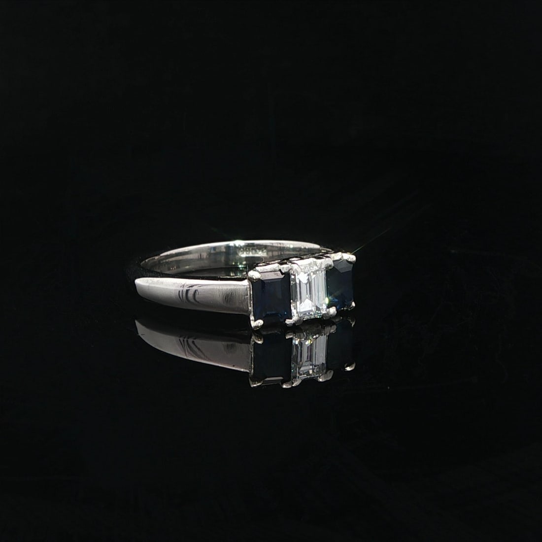 Platinum Three Stone Ring with Rectangular Diamond and Blue Sapphires - 11