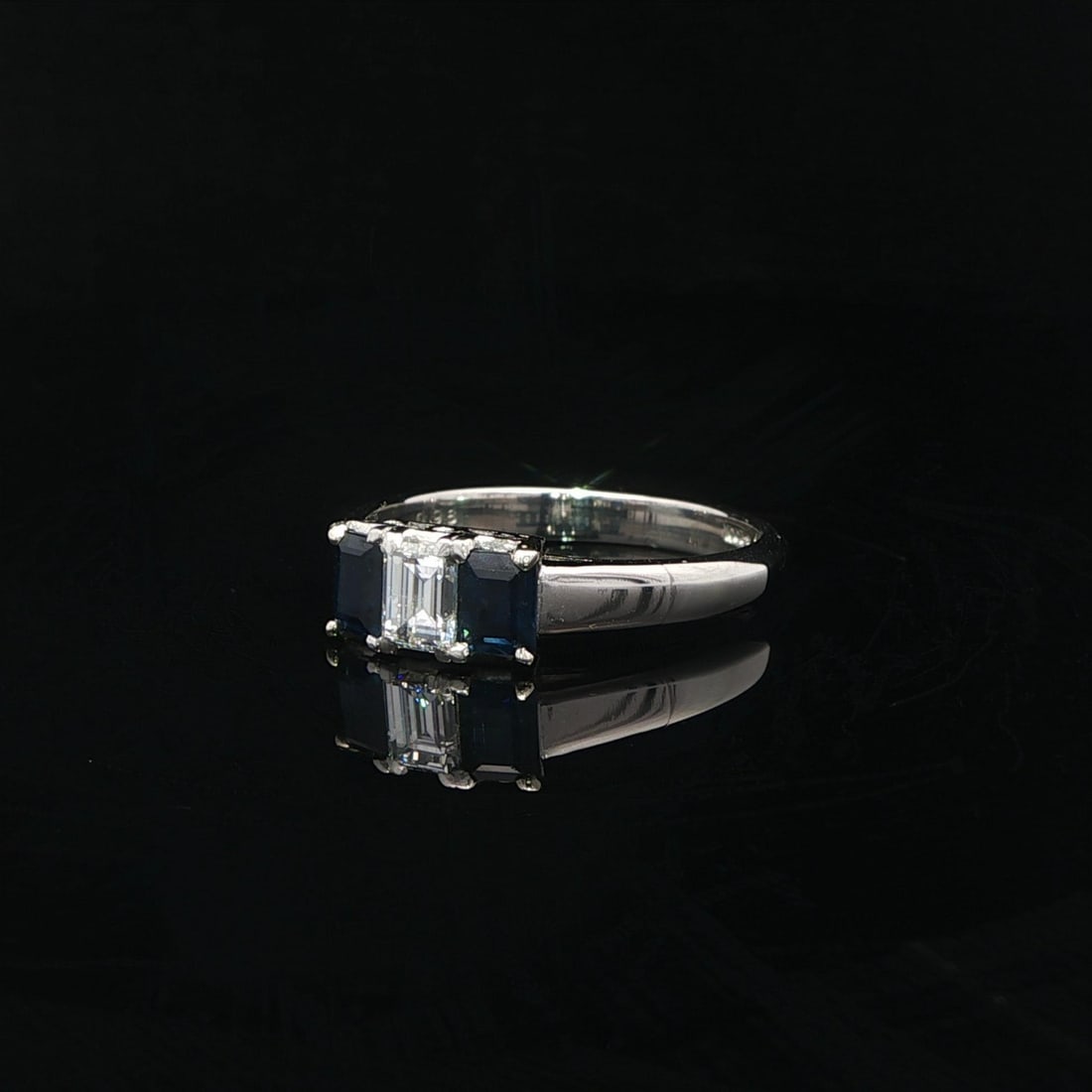 Platinum Three Stone Ring with Rectangular Diamond and Blue Sapphires - 12