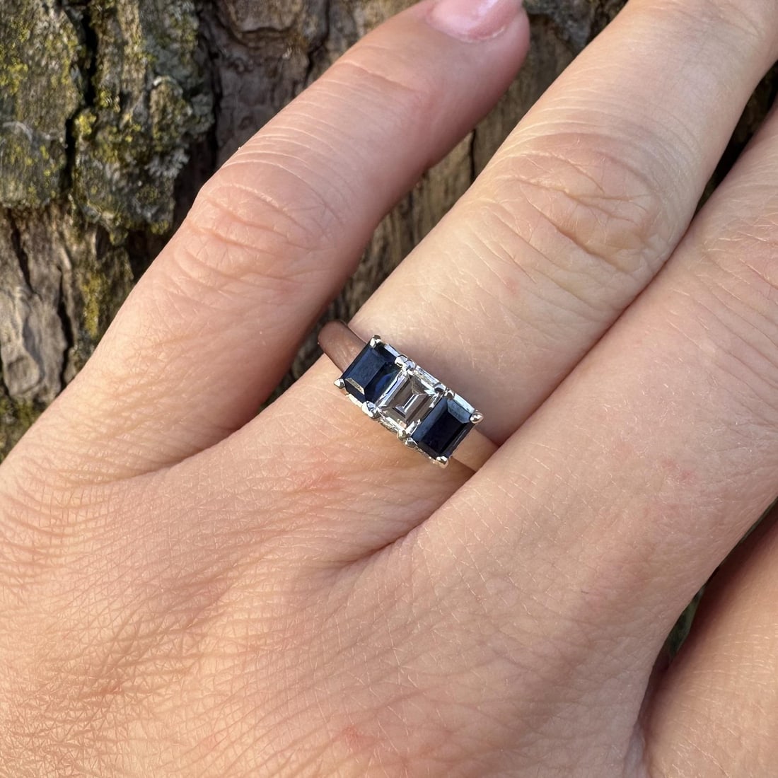 Platinum Three Stone Ring with Rectangular Diamond and Blue Sapphires - 13