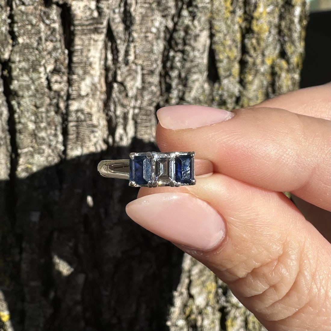 Platinum Three Stone Ring with Rectangular Diamond and Blue Sapphires - 14