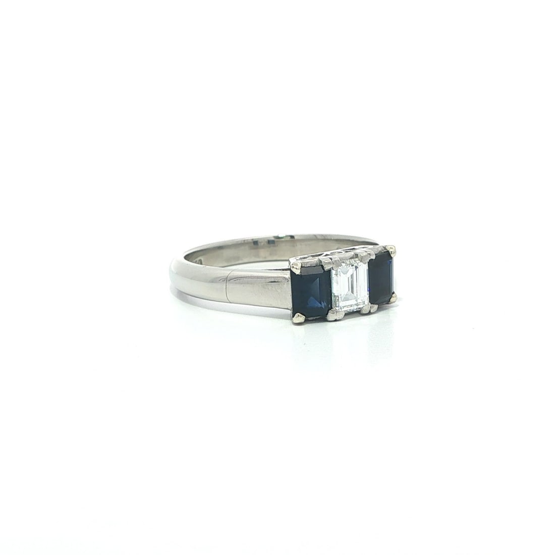 Platinum Three Stone Ring with Rectangular Diamond and Blue Sapphires - 2