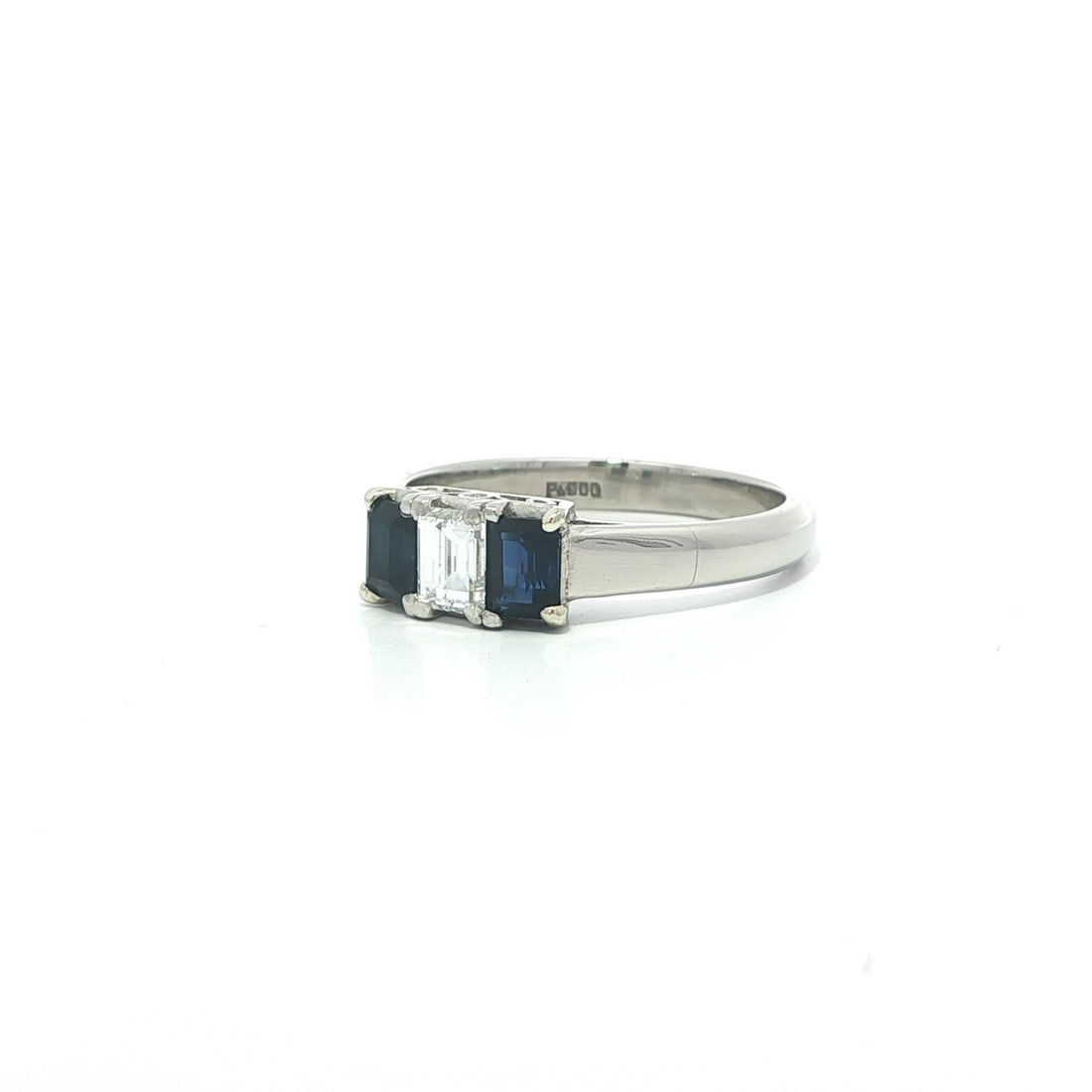 Platinum Three Stone Ring with Rectangular Diamond and Blue Sapphires - 3