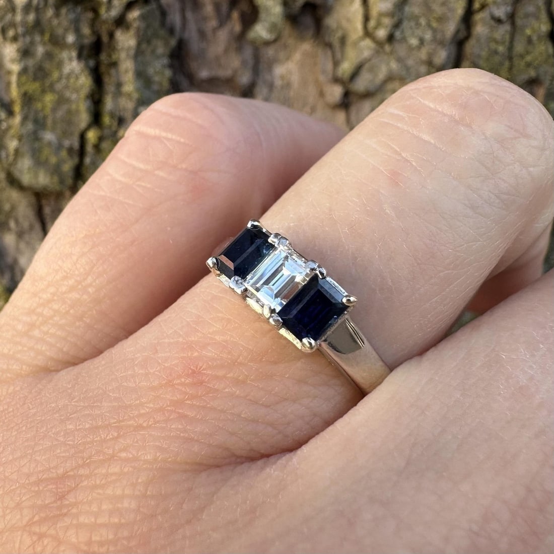 Platinum Three Stone Ring with Rectangular Diamond and Blue Sapphires - 4