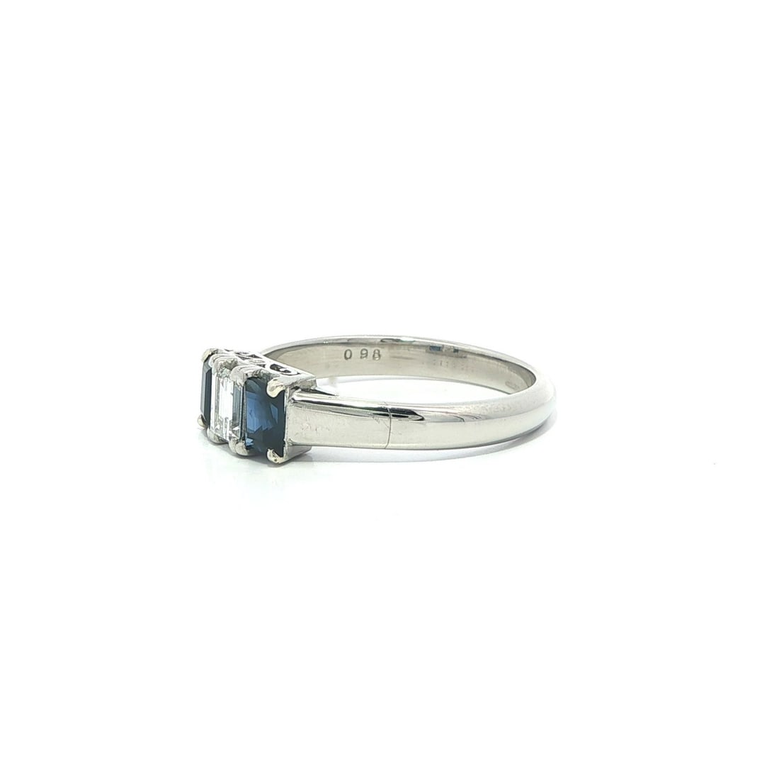 Platinum Three Stone Ring with Rectangular Diamond and Blue Sapphires - 5