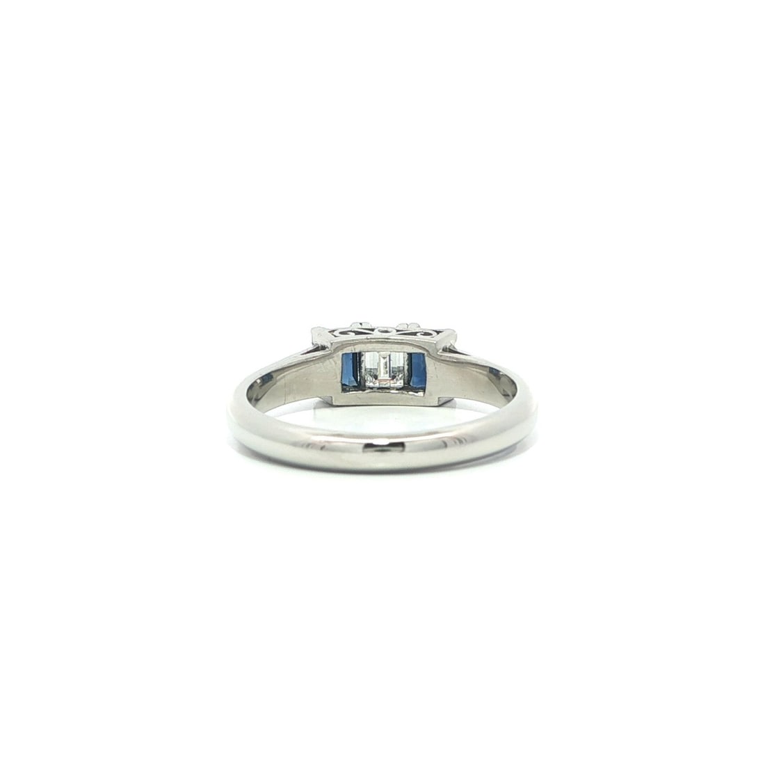 Platinum Three Stone Ring with Rectangular Diamond and Blue Sapphires - 6