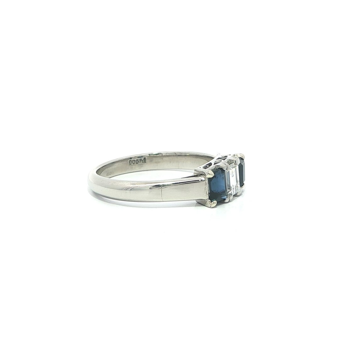 Platinum Three Stone Ring with Rectangular Diamond and Blue Sapphires - 7
