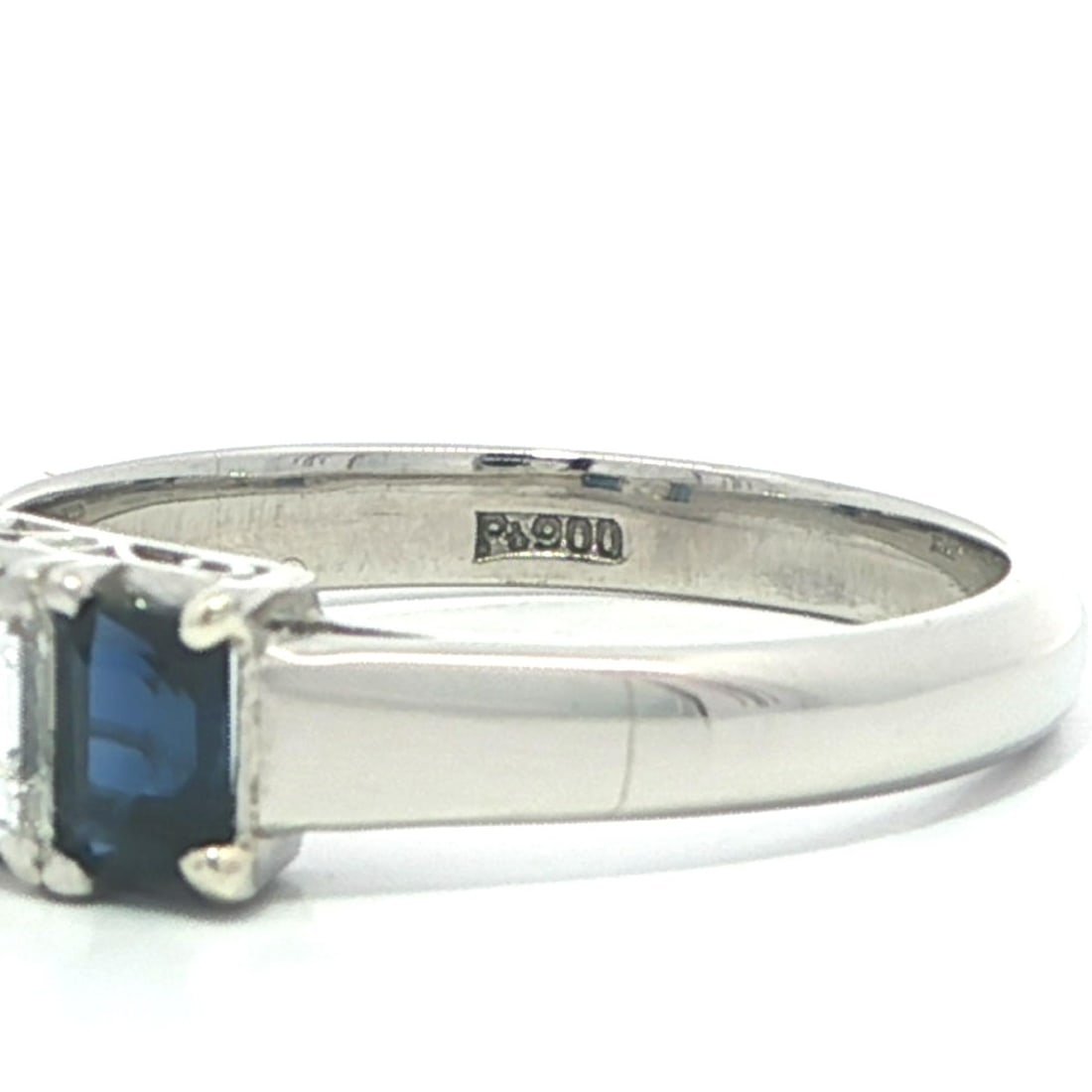 Platinum Three Stone Ring with Rectangular Diamond and Blue Sapphires - 8