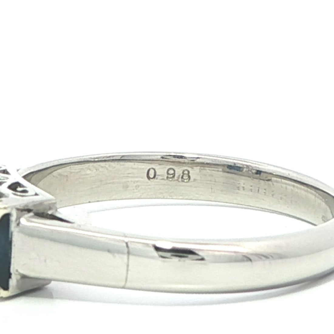 Platinum Three Stone Ring with Rectangular Diamond and Blue Sapphires - 9