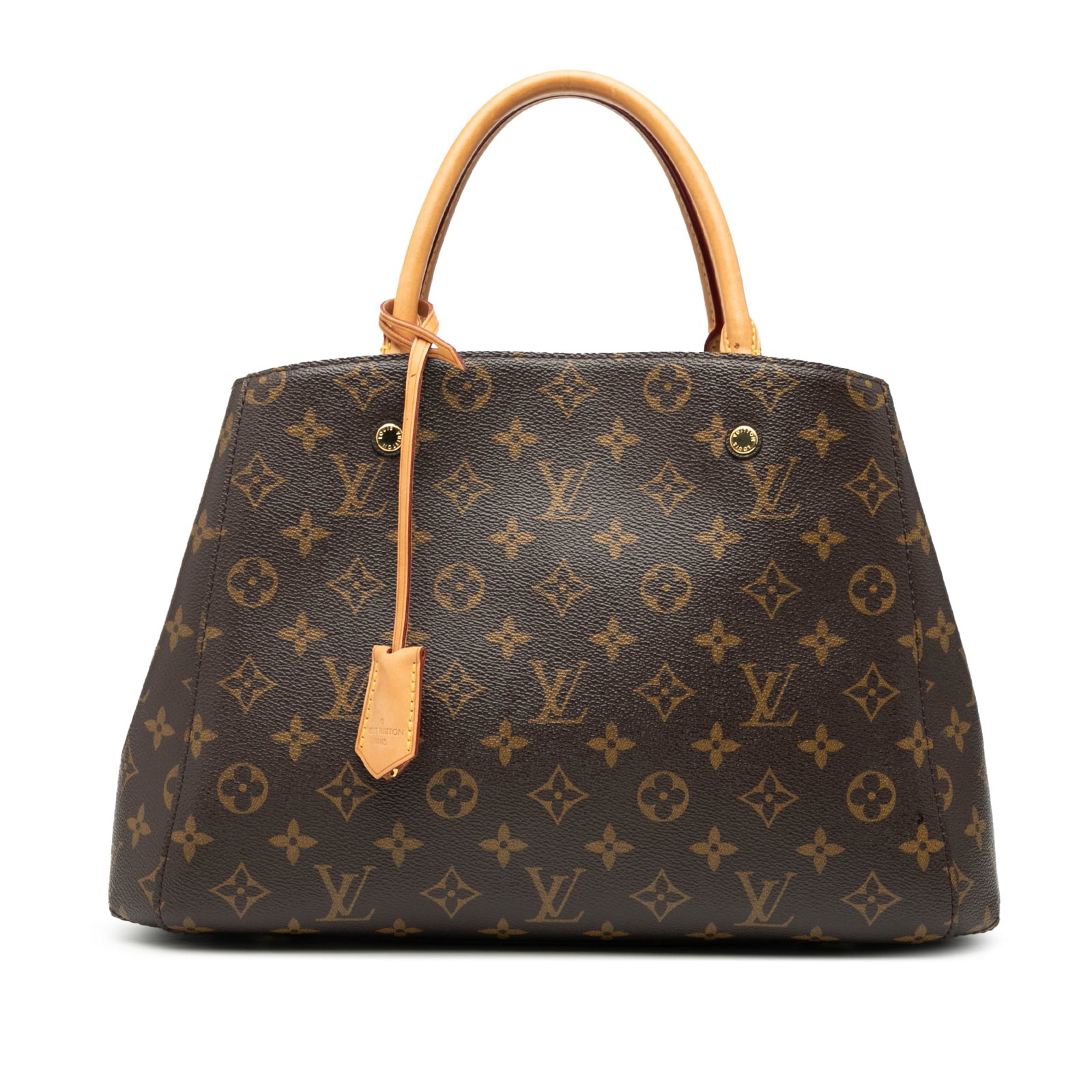 Louis Vuitton Montaigne MM brown monogram canvas handbag with vachetta handles: Louis Vuitton Montaigne MM brown monogram canvas handbag with vachetta handles The Louis Vuitton Montaigne MM features the brand's signature monogram canvas, complemented by rolled vachetta leather ha