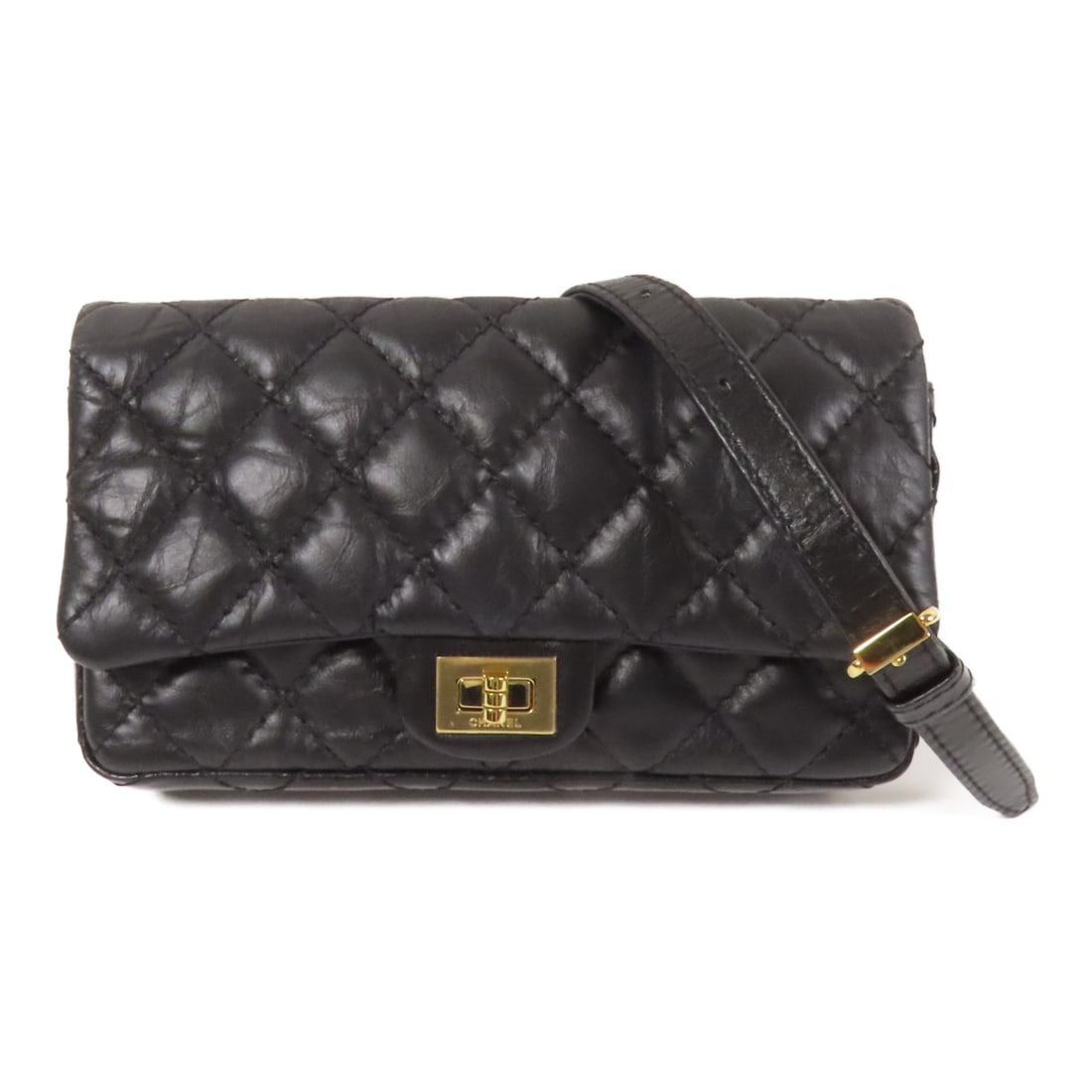 CHANEL 2.55 black calfskin waist body bag GHW: CHANEL 2.55 black calfskin waist body bag GHW This CHANEL 2.55 waist bag is crafted from luxurious black calfskin leather and features the iconic CC detail with gold hardware. Designed for versatility