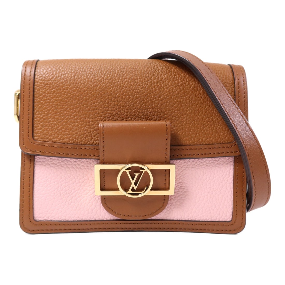 Louis Vuitton Mini Dauphine Pink and Brown Taurillon Clemence Shoulder Bag: Louis Vuitton Mini Dauphine Pink and Brown Taurillon Clemence Shoulder Bag This Louis Vuitton Mini Dauphine shoulder bag features a stylish combination of pink and brown Taurillon Clemence calfskin. A