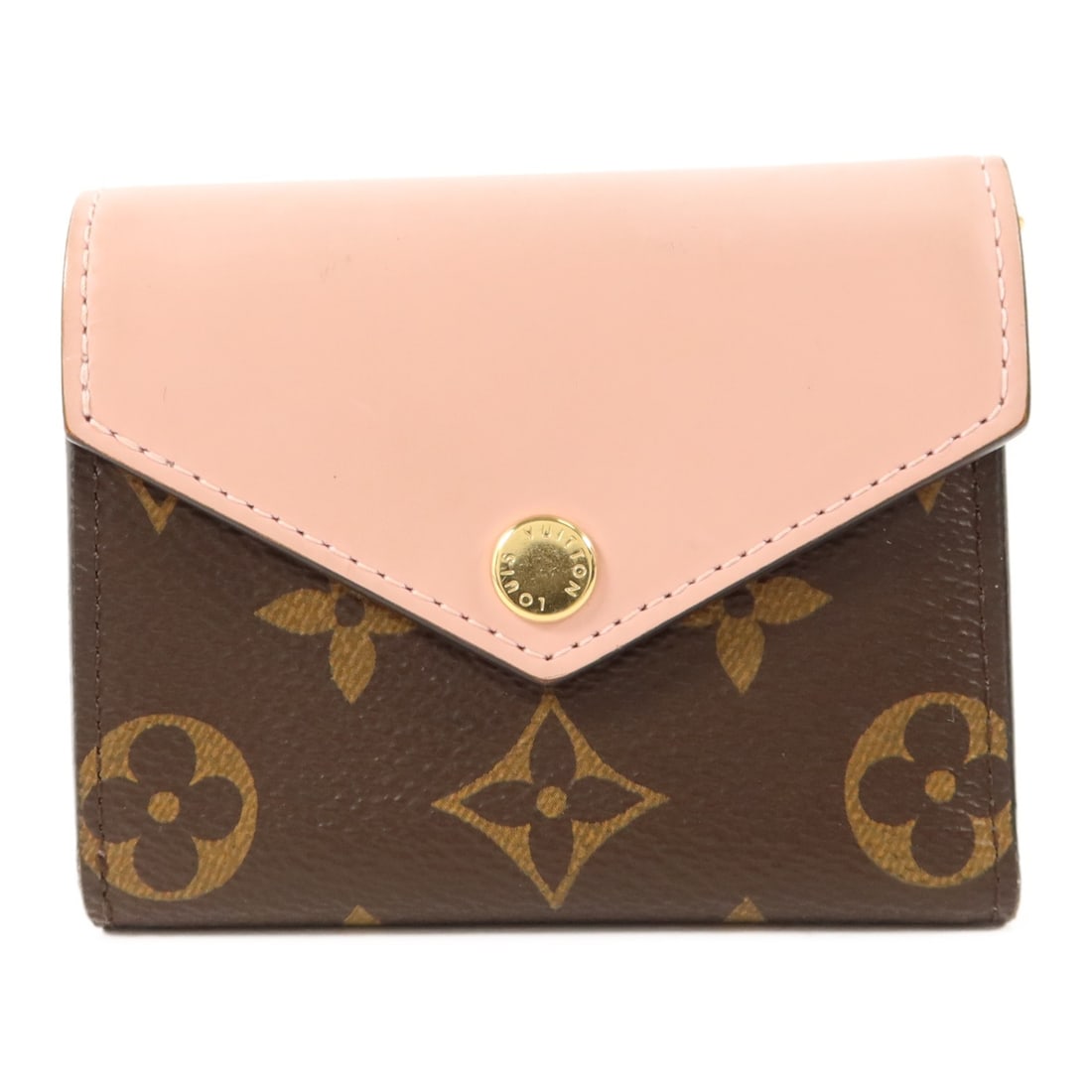 Louis Vuitton Zoe Tri-Fold Wallet Monogram Brown Pink M62933 Gold Hardware: Louis Vuitton Zoe Tri-Fold Wallet Monogram Brown Pink M62933 Gold Hardware This Louis Vuitton Zoe tri-fold wallet features a combination of monogram PVC coated canvas and calfskin leather in brown