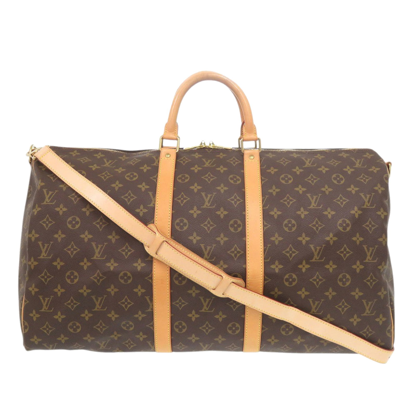 Louis Vuitton Monogram travel bag with shoulder strap 55: Louis Vuitton Monogram travel bag with shoulder strap 55 The Louis Vuitton Monogram Keepall Bandouliere 55 is a spacious travel bag crafted from signature monogram canvas with vachetta leather trim. I