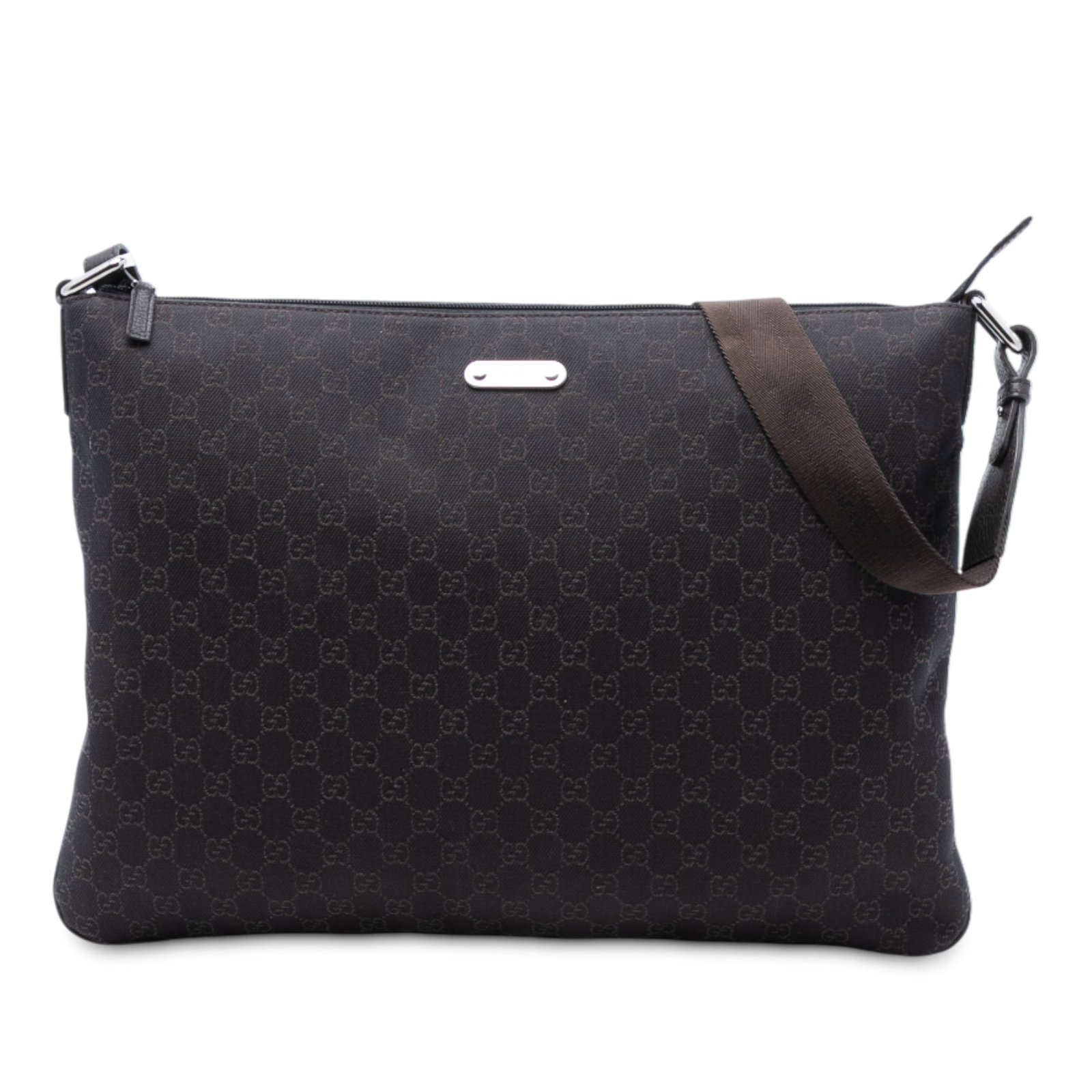 Gucci GG Denim Brown Fabric Crossbody Bag with Top Zip Closure: Gucci GG Denim Brown Fabric Crossbody Bag with Top Zip Closure This Gucci GG Denim Crossbody bag features a denim fabric body in brown, complemented by a flat strap, a top zip closure, and interior zi