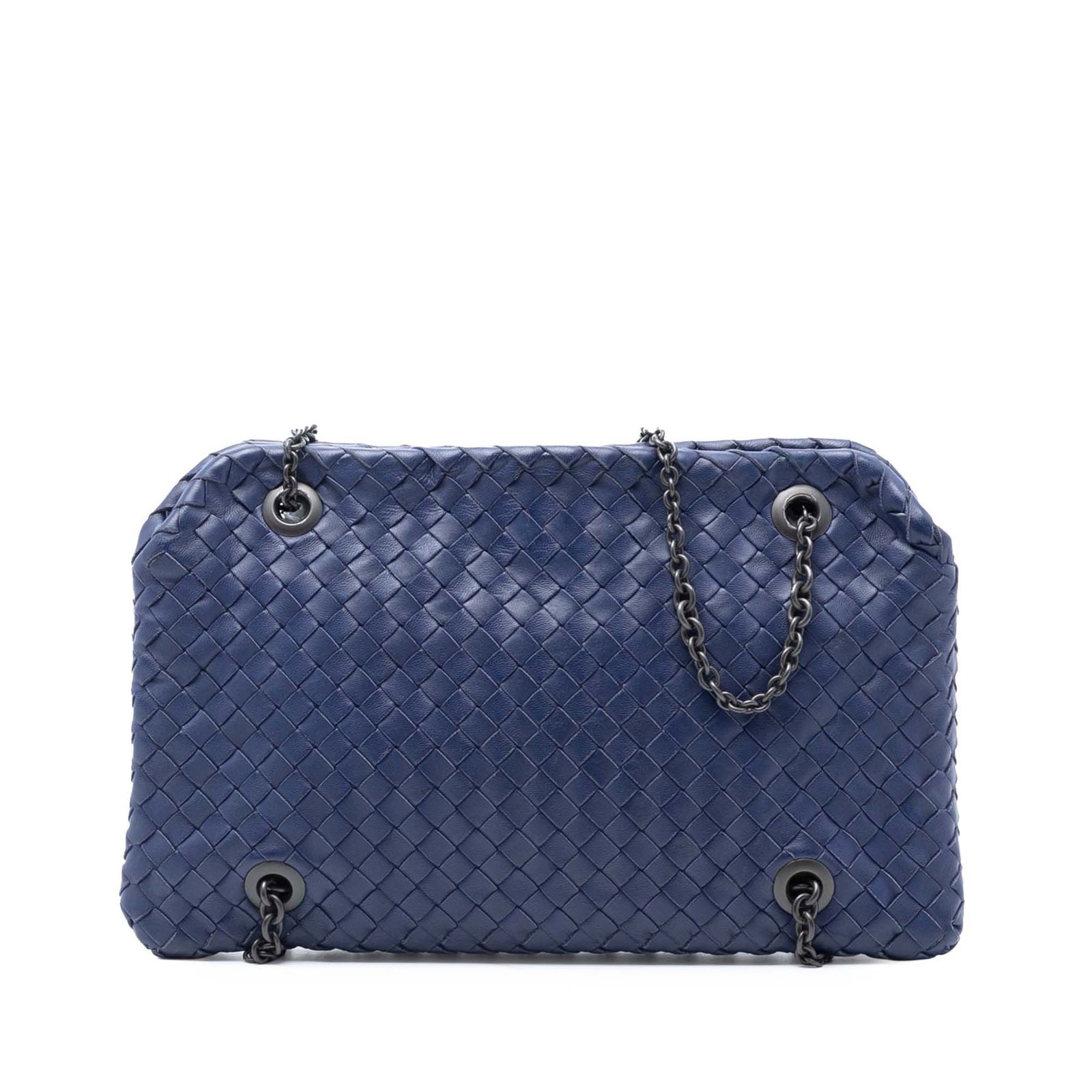 Nappa Intrecciato Duo Blue Leather Shoulder Bag by Bottega Veneta: Nappa Intrecciato Duo Blue Leather Shoulder Bag by Bottega Veneta This Bottega Veneta Nappa Intrecciato Duo Shoulder Bag features a woven leather exterior in blue, complemented by chain link straps wi