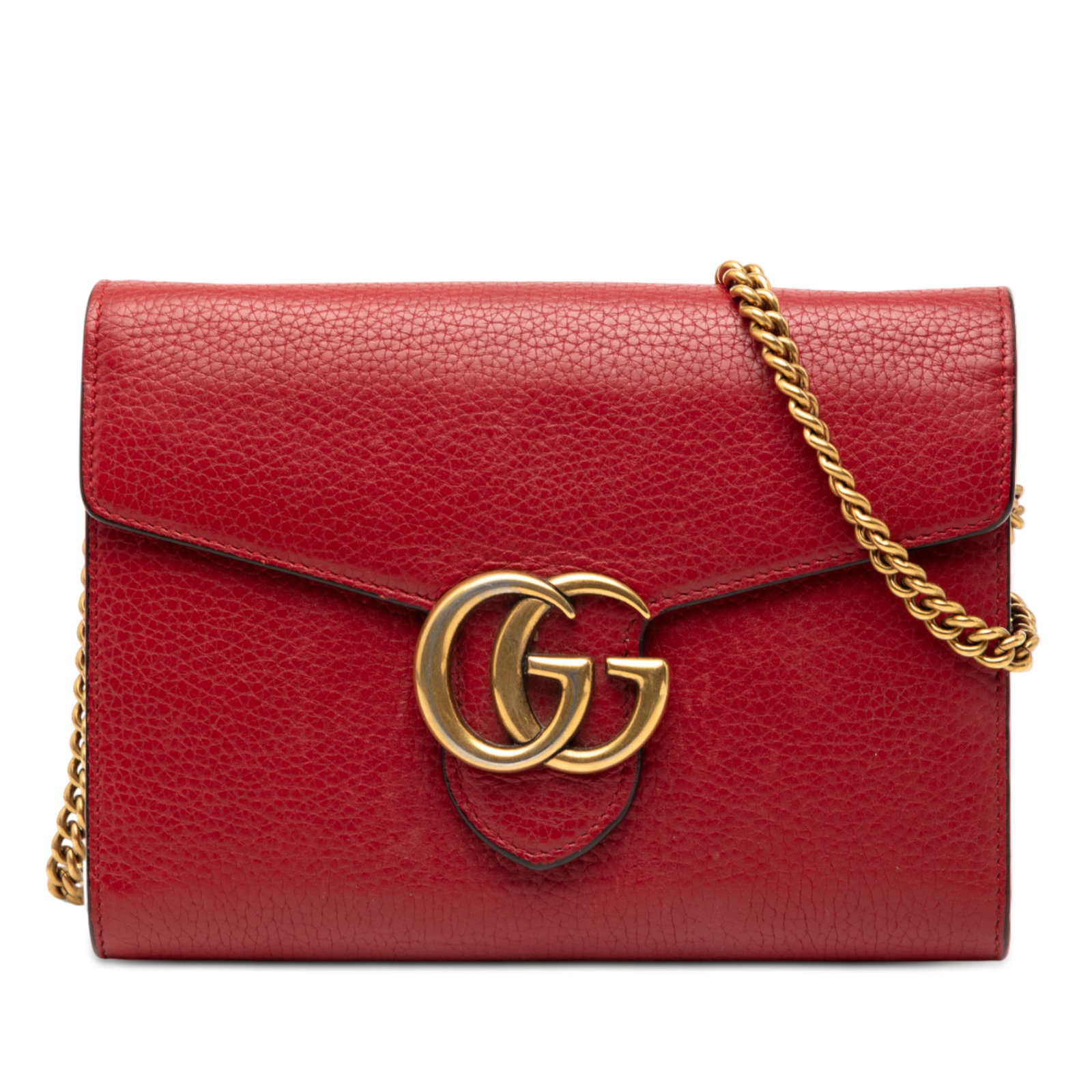 Red Leather Gucci GG Marmont Chain Wallet with Flap Closure: Red Leather Gucci GG Marmont Chain Wallet with Flap Closure The Gucci GG Marmont Leather Wallet on Chain features a red leather body with a front flap secured by a snap button closure. It includes a c