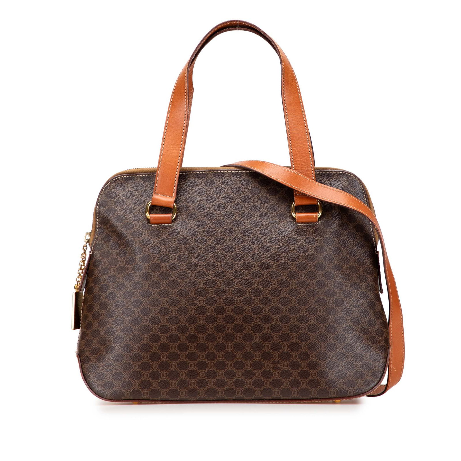 Celine Macadam brown coated canvas satchel: Celine Macadam brown coated canvas satchel This Celine Macadam satchel features a coated canvas exterior with flat leather handles and a detachable flat leather shoulder strap. The bag is designed wit