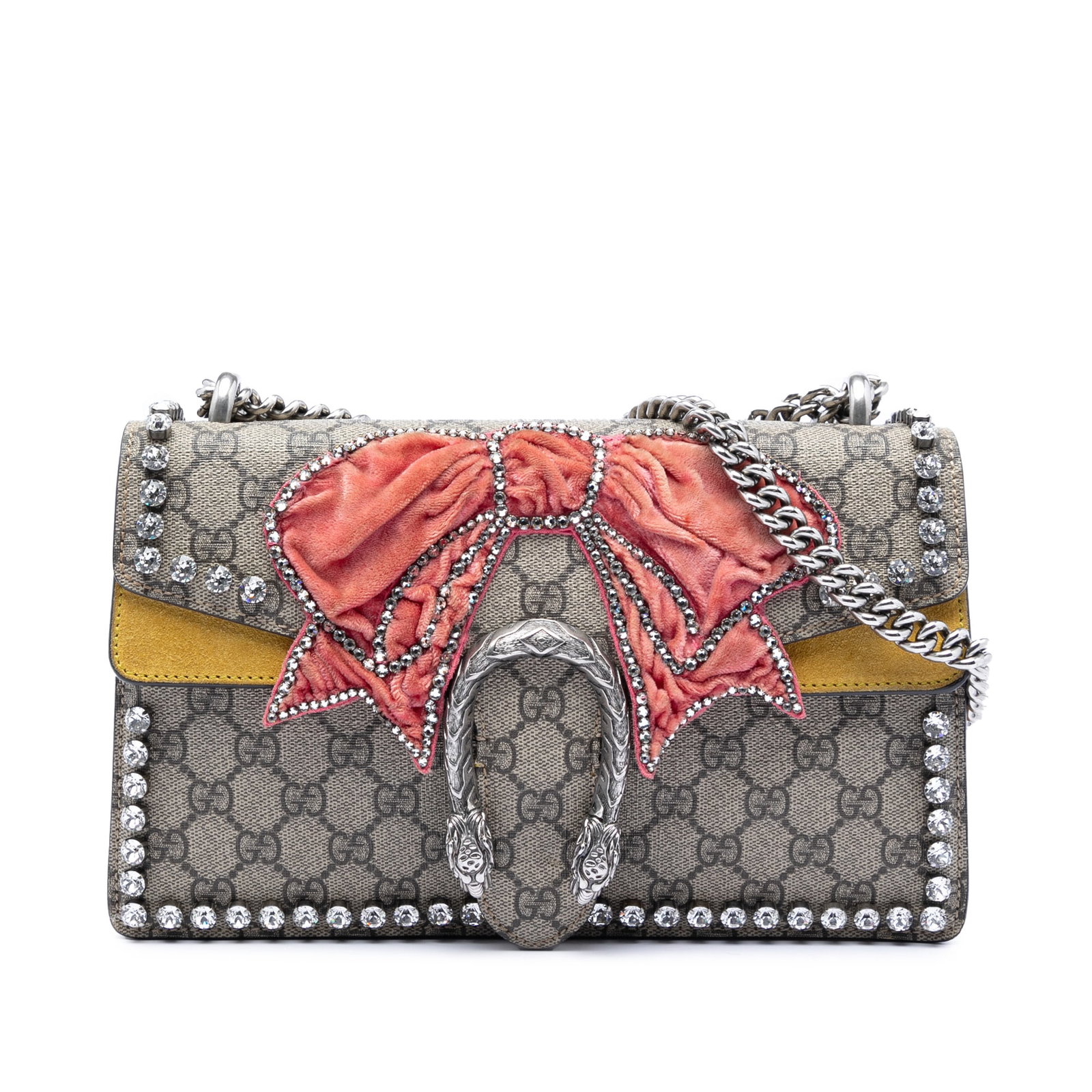 Gucci Dionysus Beige GG Supreme Crystal Bow Shoulder Bag: Gucci Dionysus Beige GG Supreme Crystal Bow Shoulder Bag This Gucci Medium GG Supreme Embroidered Crystal Bow Dionysus Shoulder Bag features a coated canvas body with suede leather trim, embellished w