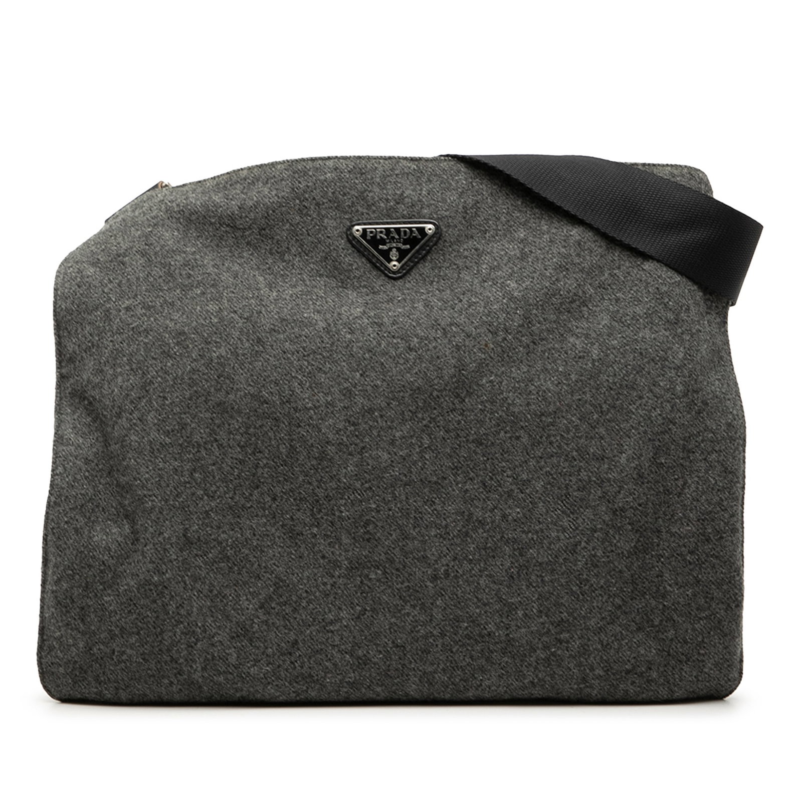 Gray Wool Crossbody Bag with Leather Strap by Prada: Gray Wool Crossbody Bag with Leather Strap by Prada This Prada crossbody bag features a wool body with a flat leather strap and a top zip closure. The interior includes a zip pocket for added convenie