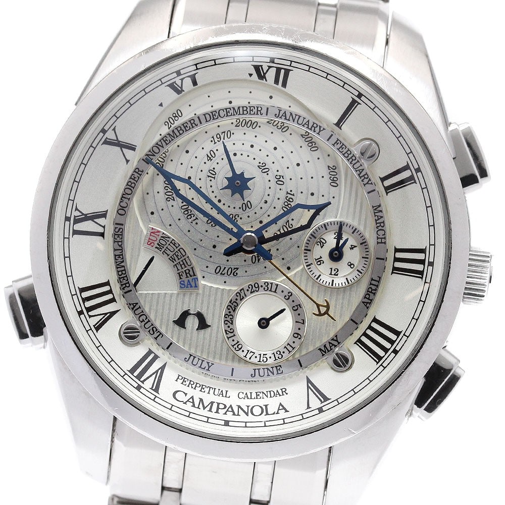 Citizen Campanola 408 men's quartz wristwatch triple calendar silver dial: Citizen Campanola 408 men's quartz wristwatch triple calendar silver dial This CITIZEN Campanola 408 men's wristwatch features a stainless steel case and bracelet with a silver dial. Powered by a quar