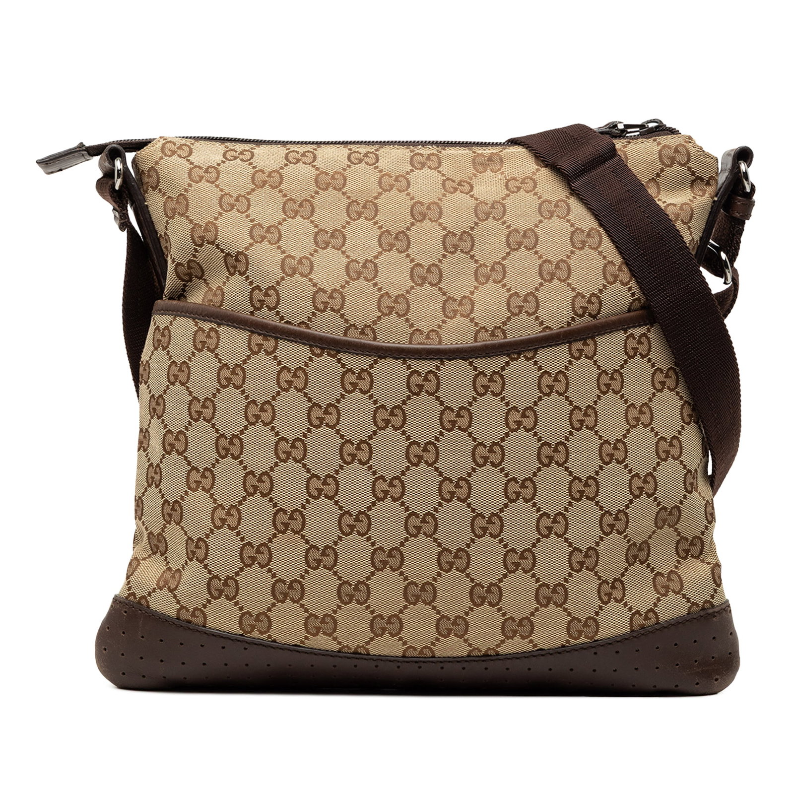 Beige GG Canvas Crossbody Bag with Perforated Leather Trim by Gucci: Beige GG Canvas Crossbody Bag with Perforated Leather Trim by Gucci This Gucci GG Canvas Crossbody bag features a beige canvas body with perforated leather trim, an adjustable flat strap, a top zip cl
