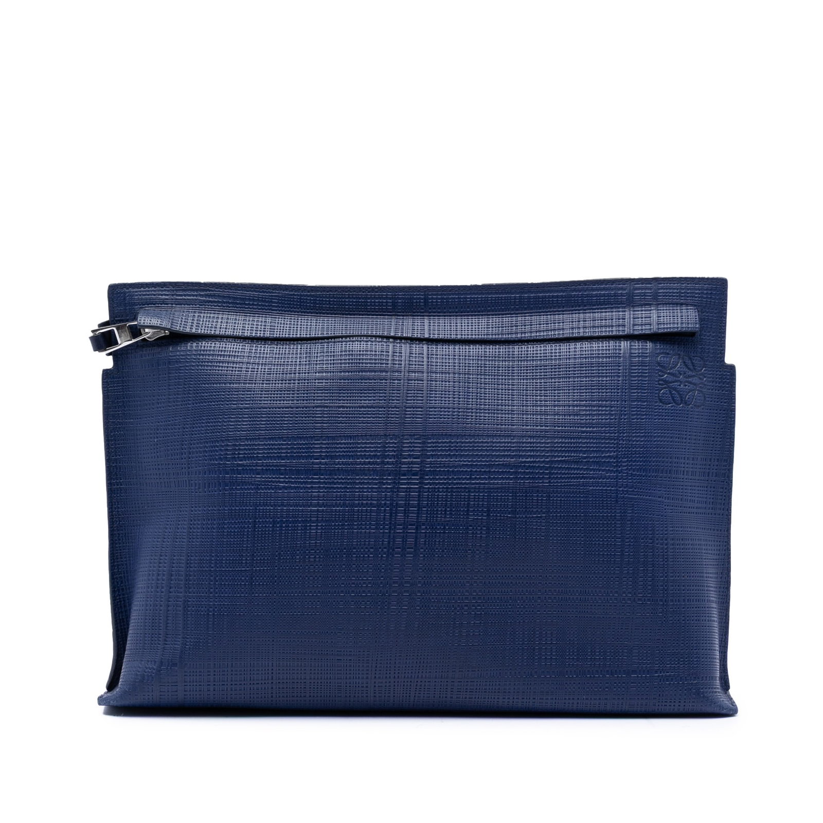 Blue Leather Zip Clutch by LOEWE Anagram T: Blue Leather Zip Clutch by LOEWE Anagram T This LOEWE Leather Anagram T Clutch features a blue leather exterior with a front zip closure and an interior slip pocket. The bag is crafted in Spain and sh