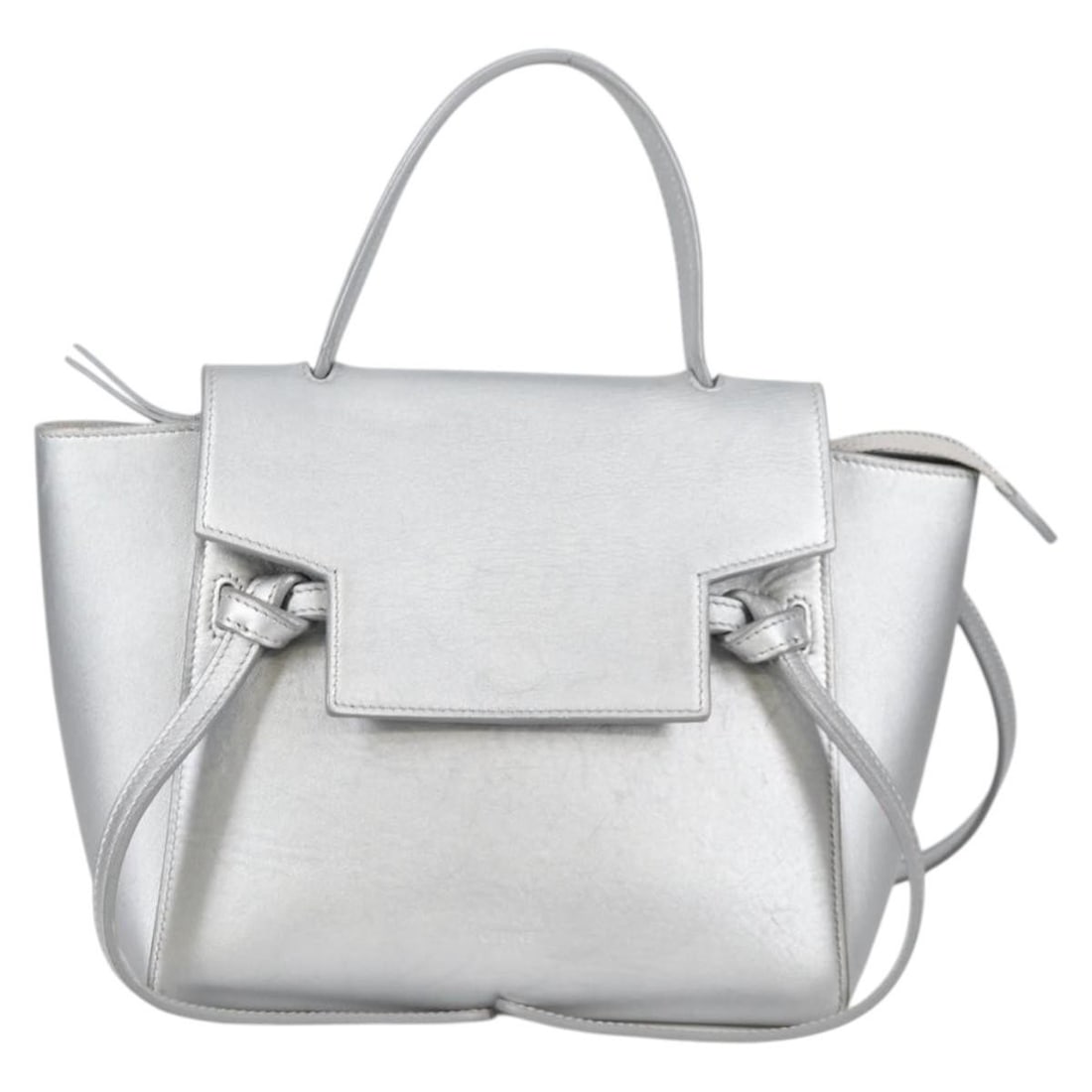 Silver Leather Belt Bag by Celine for Women 20cm by 16cm by 12cm: Silver Leather Belt Bag by Celine for Women 20cm by 16cm by 12cm This Celine Belt Bag for women features textured silver leather with metal fittings. The bag measures 20cm x 16cm x 12cm and is made
