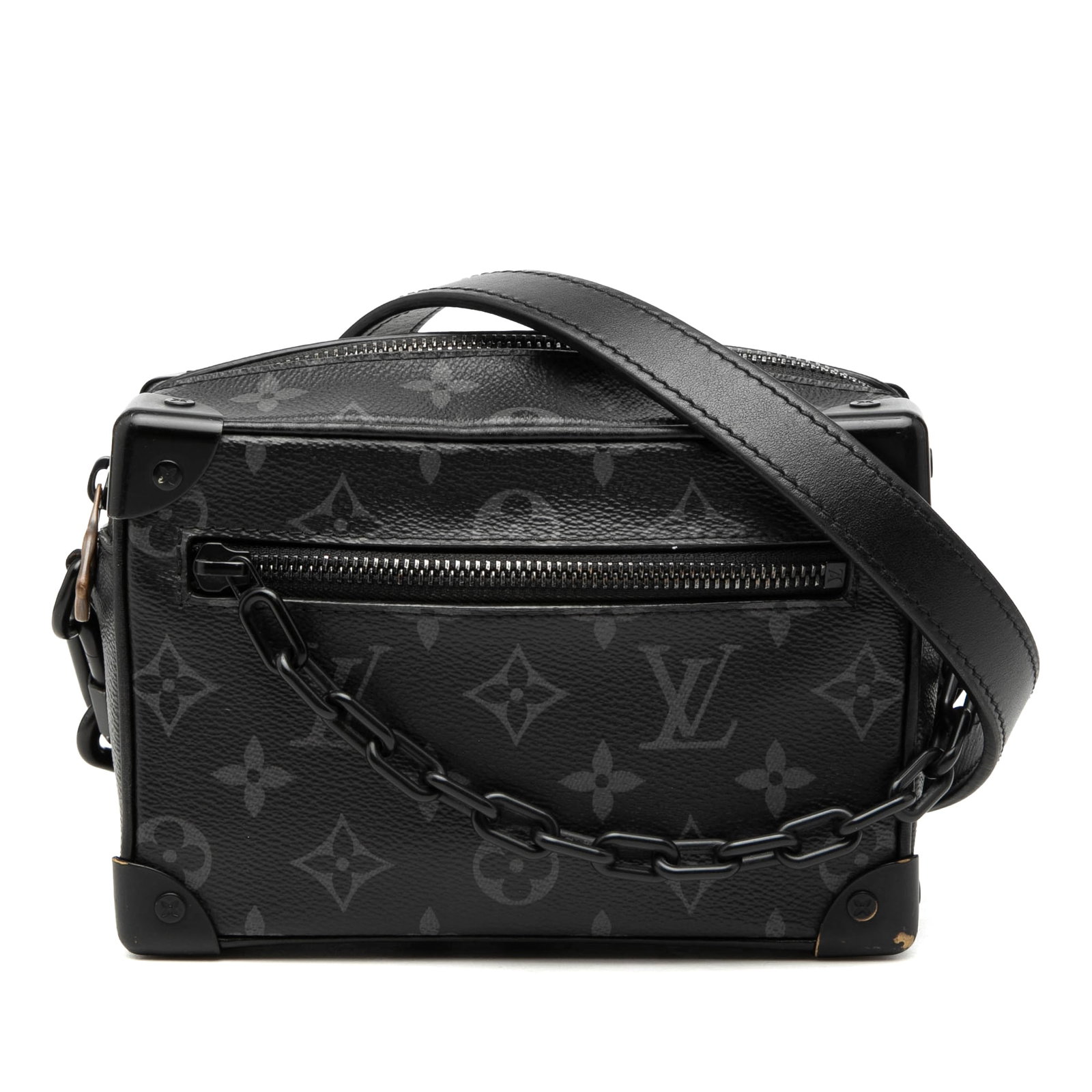 Louis Vuitton Eclipse Mini Soft Trunk Bag: Louis Vuitton Eclipse Mini Soft Trunk Bag This Louis Vuitton Monogram Eclipse Mini Soft Trunk features a monogram canvas body with leather trim, a flat leather and chain strap, a top zip closure, an e