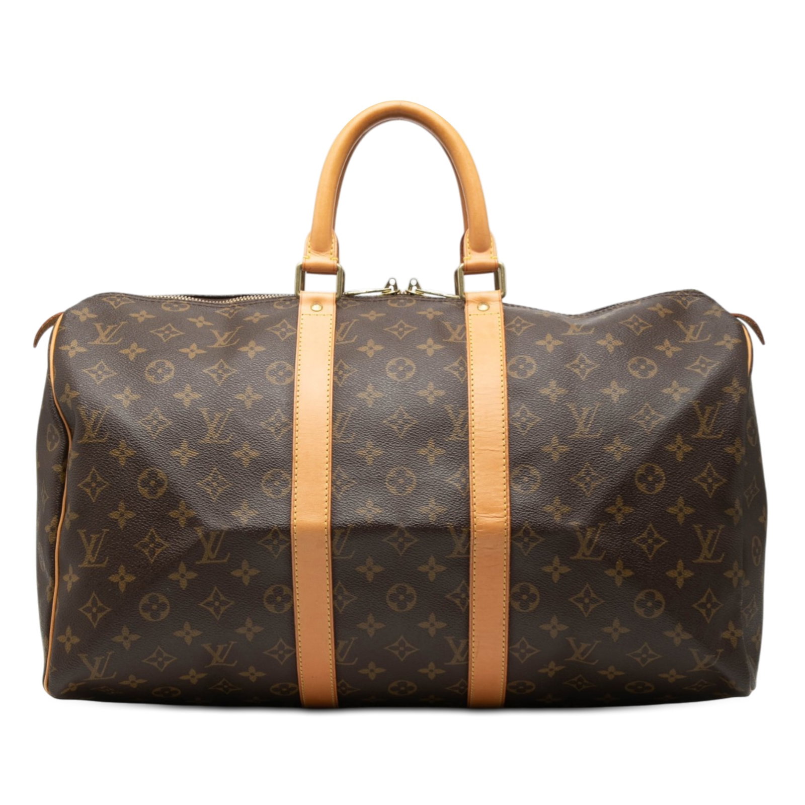 Louis Vuitton Keepall 45 monogram canvas travel bag: Louis Vuitton Keepall 45 monogram canvas travel bag This Louis Vuitton Monogram Keepall 45 features the iconic monogram canvas with vachetta leather trim and rolled vachetta leather handles. The bag i