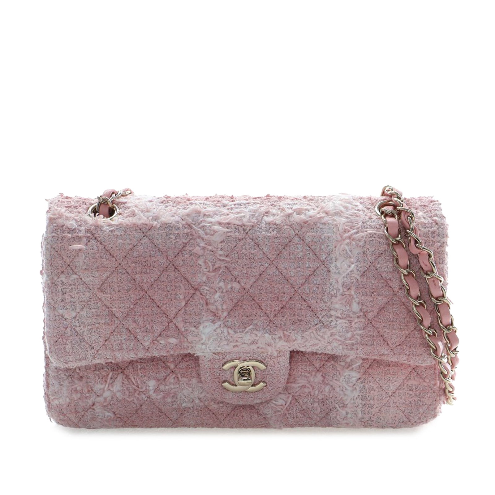 Chanel Pink Tweed Flap Shoulder Bag Classic Medium: Chanel Pink Tweed Flap Shoulder Bag Classic Medium This Chanel Medium Classic Tweed Double Flap shoulder bag features a quilted tweed exterior in pink, complemented by a leather-woven chain link strap