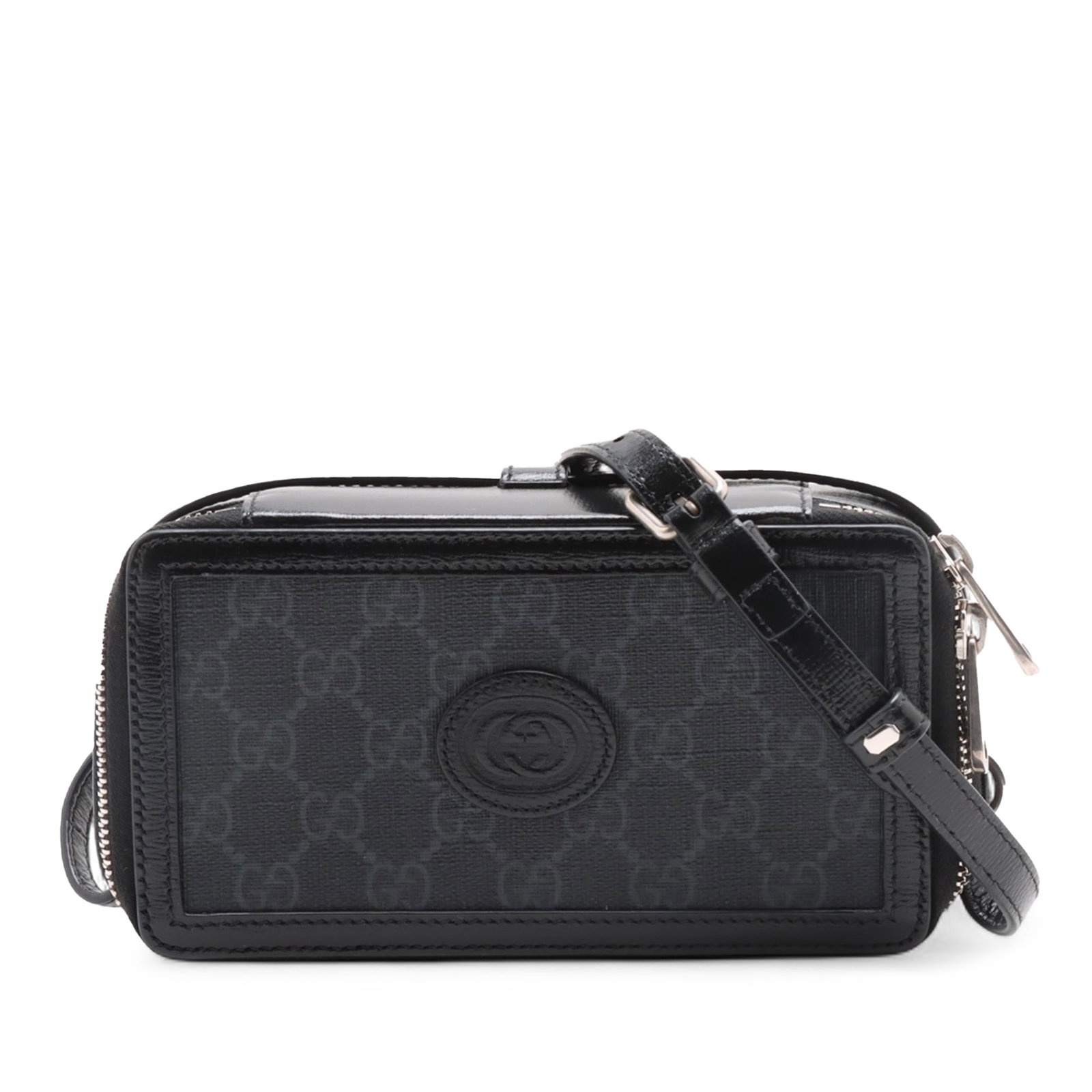 Gucci GG Supreme Interlocking G black coated canvas crossbody bag: Gucci GG Supreme Interlocking G black coated canvas crossbody bag This Gucci GG Supreme Interlocking G Crossbody bag features a coated canvas body with leather trim, a flat leather strap, a detachable