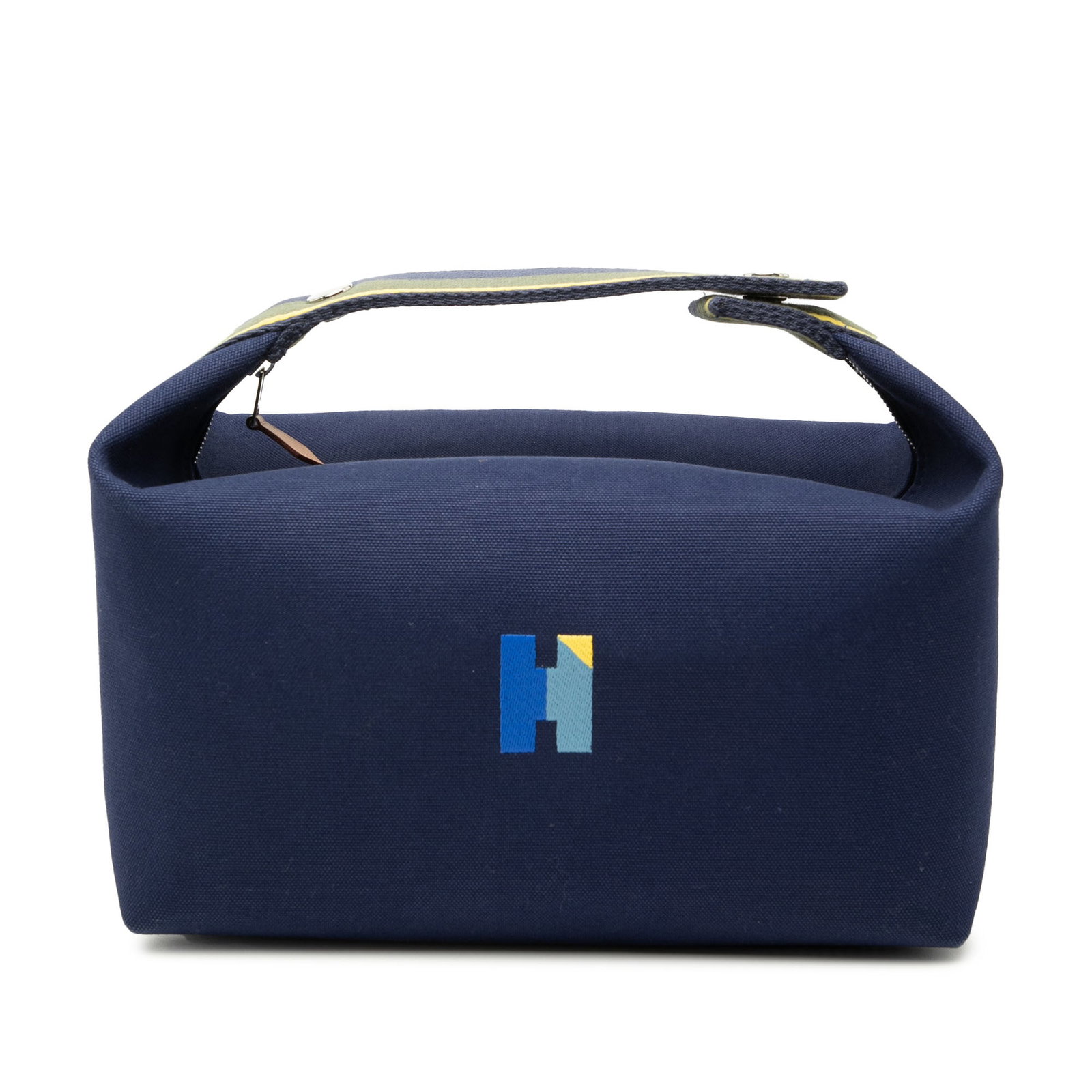 Hermes blue fabric toile zip pouch with handle: Hermes blue fabric toile zip pouch with handle This Hermes Large Toile Bride A Brac H Pavillon Case features a durable canvas body in blue, complemented by a flat canvas handle and a top zip closure. 