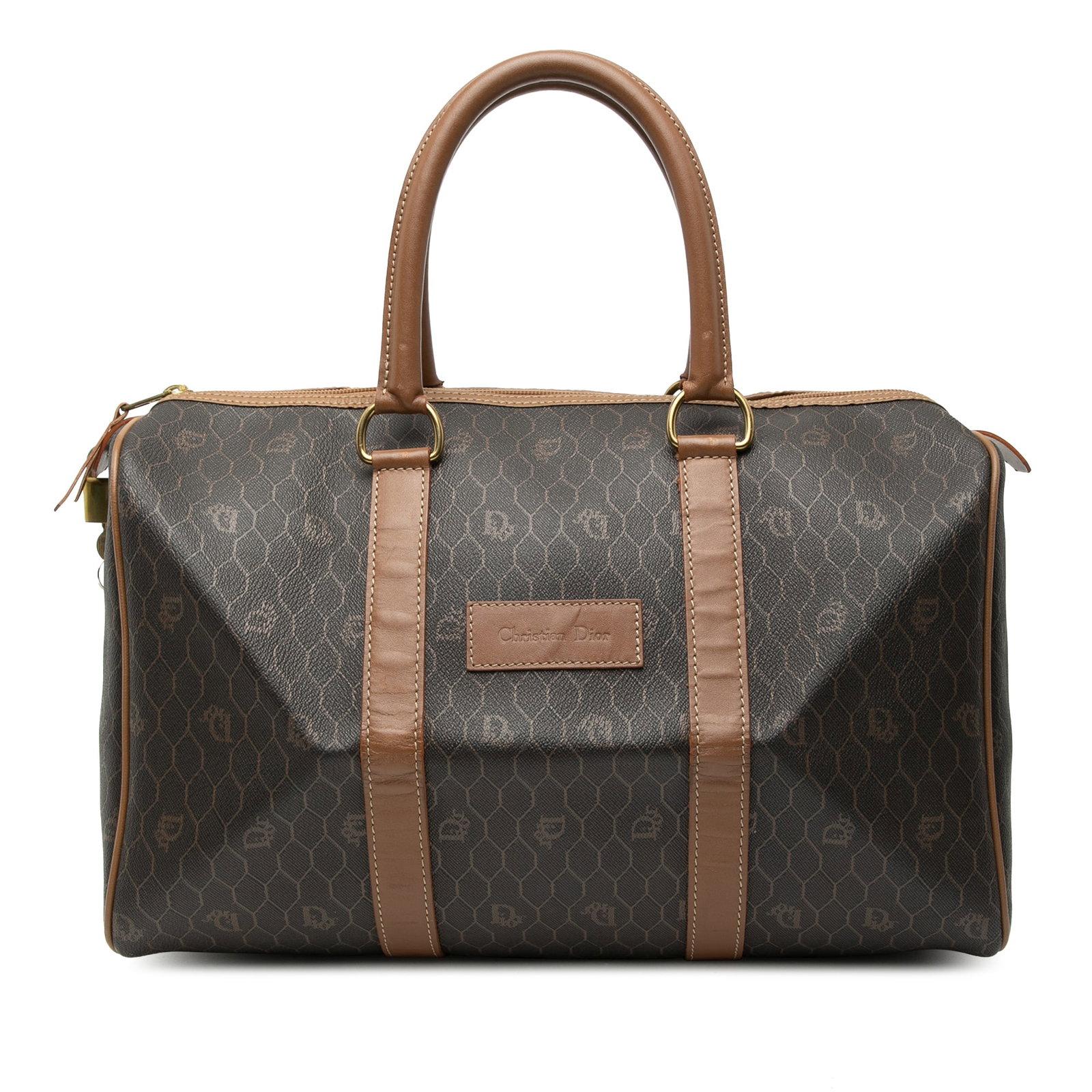 Dior Honeycomb Pattern Black Coated Canvas Boston Bag with Leather Trim: Dior Honeycomb Pattern Black Coated Canvas Boston Bag with Leather Trim This Dior Honeycomb Coated Canvas Boston Bag features a coated canvas exterior with leather trim, rolled leather handles, a top 