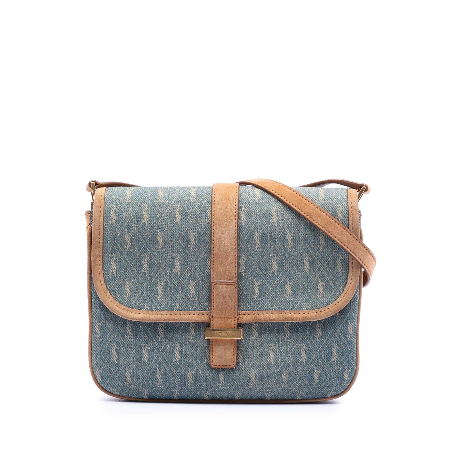Saint Laurent Denim and Suede Monogram Flap Crossbody Bag Blue: Saint Laurent Denim and Suede Monogram Flap Crossbody Bag Blue This crossbody bag features a denim body with suede leather trim, an adjustable flat strap, a top flap with magnetic closure, and an inte