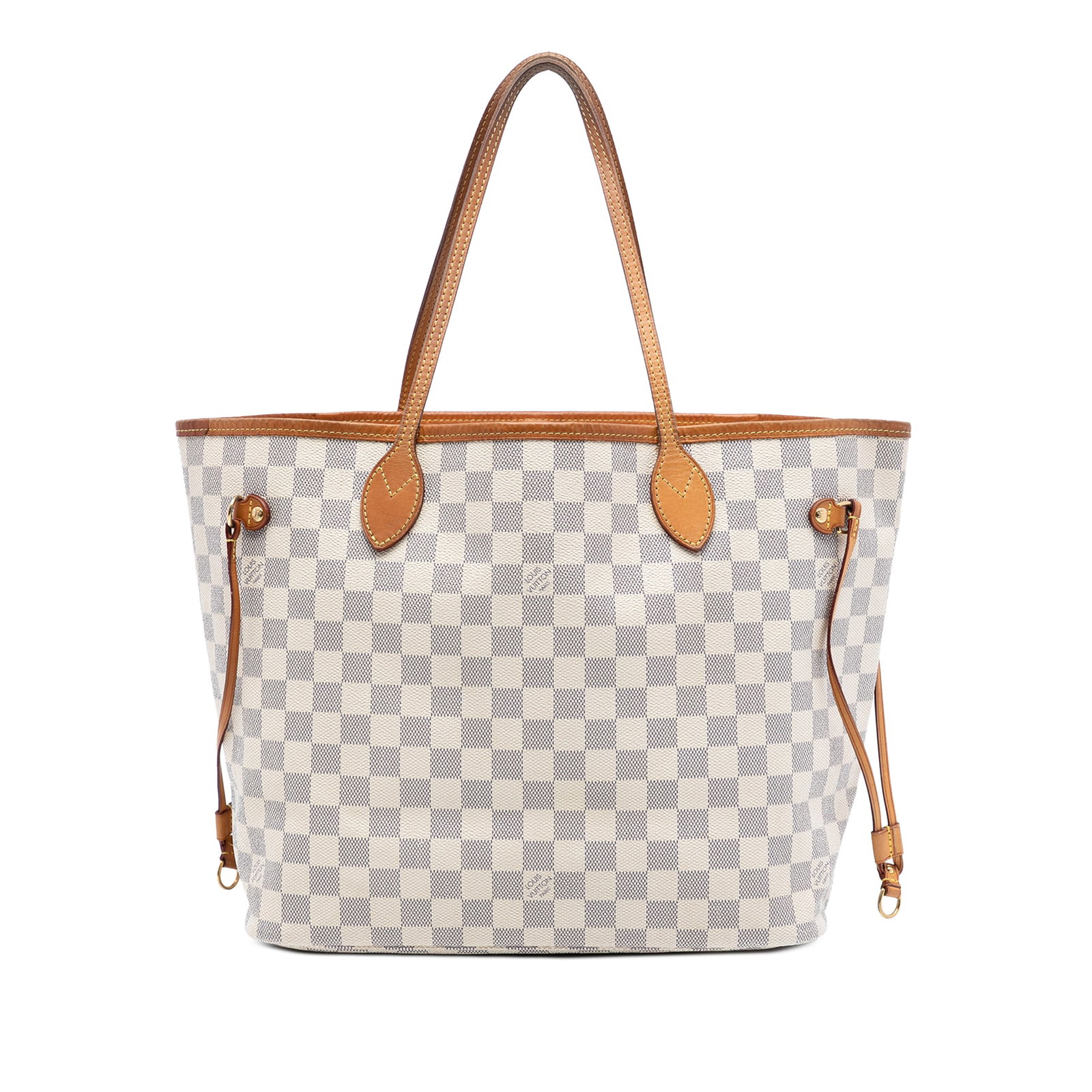 Louis Vuitton Neverfull MM Tote in Damier Azur Canvas with Vachetta Trim: Louis Vuitton Neverfull MM Tote in Damier Azur Canvas with Vachetta Trim This Louis Vuitton Neverfull MM features the iconic Damier Azur canvas with vachetta leather trim and flat vachetta leather han