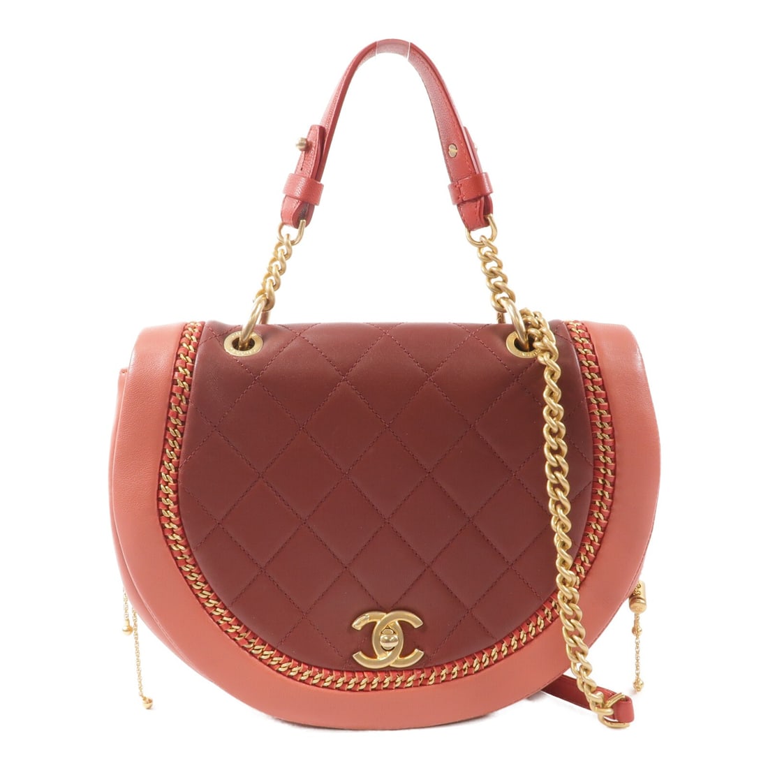 CHANEL Orange Calfskin 2way Shoulder Bag CC GHW: CHANEL Orange Calfskin 2way Shoulder Bag CC GHW This CHANEL 2-way shoulder bag features a striking orange calfskin leather exterior and gold-tone chain hardware. Designed for versatility, it can be wo