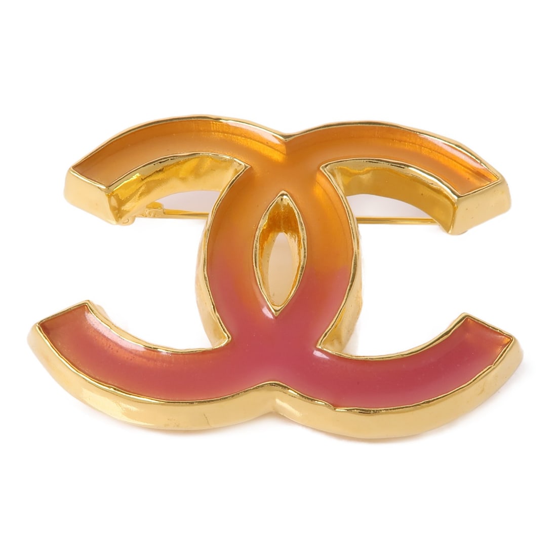 CHANEL CC Brooch Gold Orange Pink Elegant Accessory: CHANEL CC Brooch Gold Orange Pink Elegant Accessory This exquisite CHANEL CC Brooch features a vibrant pink color with gold accents, making it a stunning accessory for any outfit. Crafted in France, t