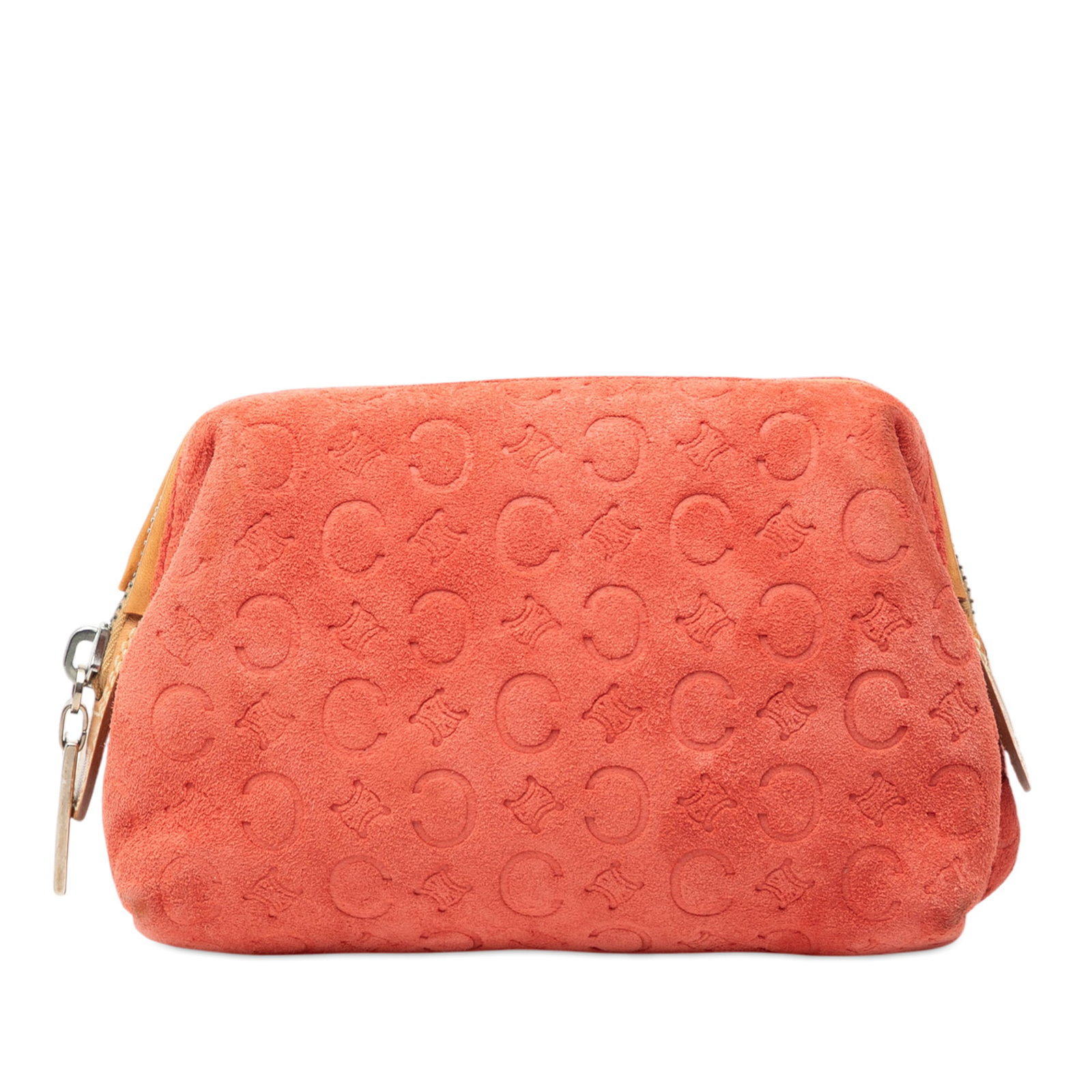 C Macadam Suede and Calfskin Leather Pouch by Celine: C Macadam Suede and Calfskin Leather Pouch by Celine This Celine C Macadam Suede Pouch features a suede body with calfskin leather trim, a top zip closure, and an interior slip pocket. The pouch comes
