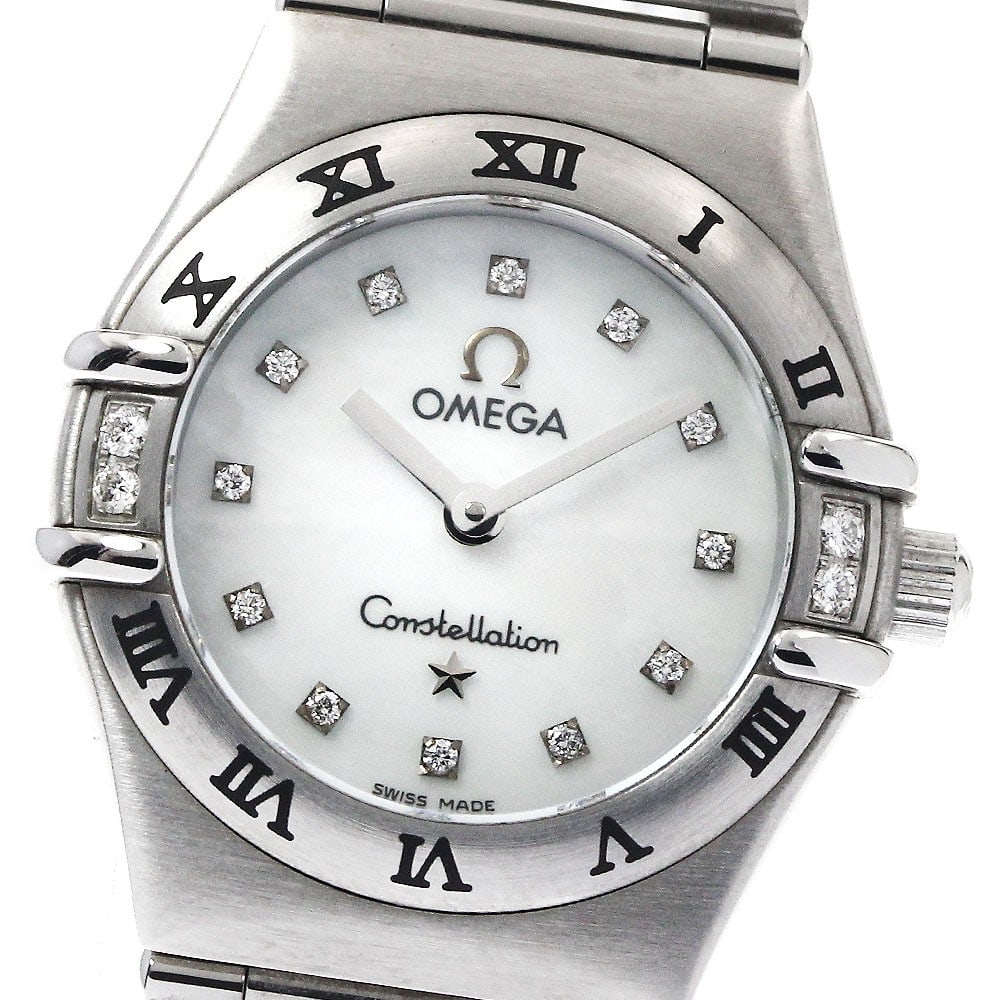 Omega Constellation ladies quartz watch 16 diamonds 1567.76: Omega Constellation ladies quartz watch 16 diamonds 1567.76 This OMEGA Constellation ladies wristwatch features a stainless steel case and band, complemented by a white mother-of-pearl dial set with 1