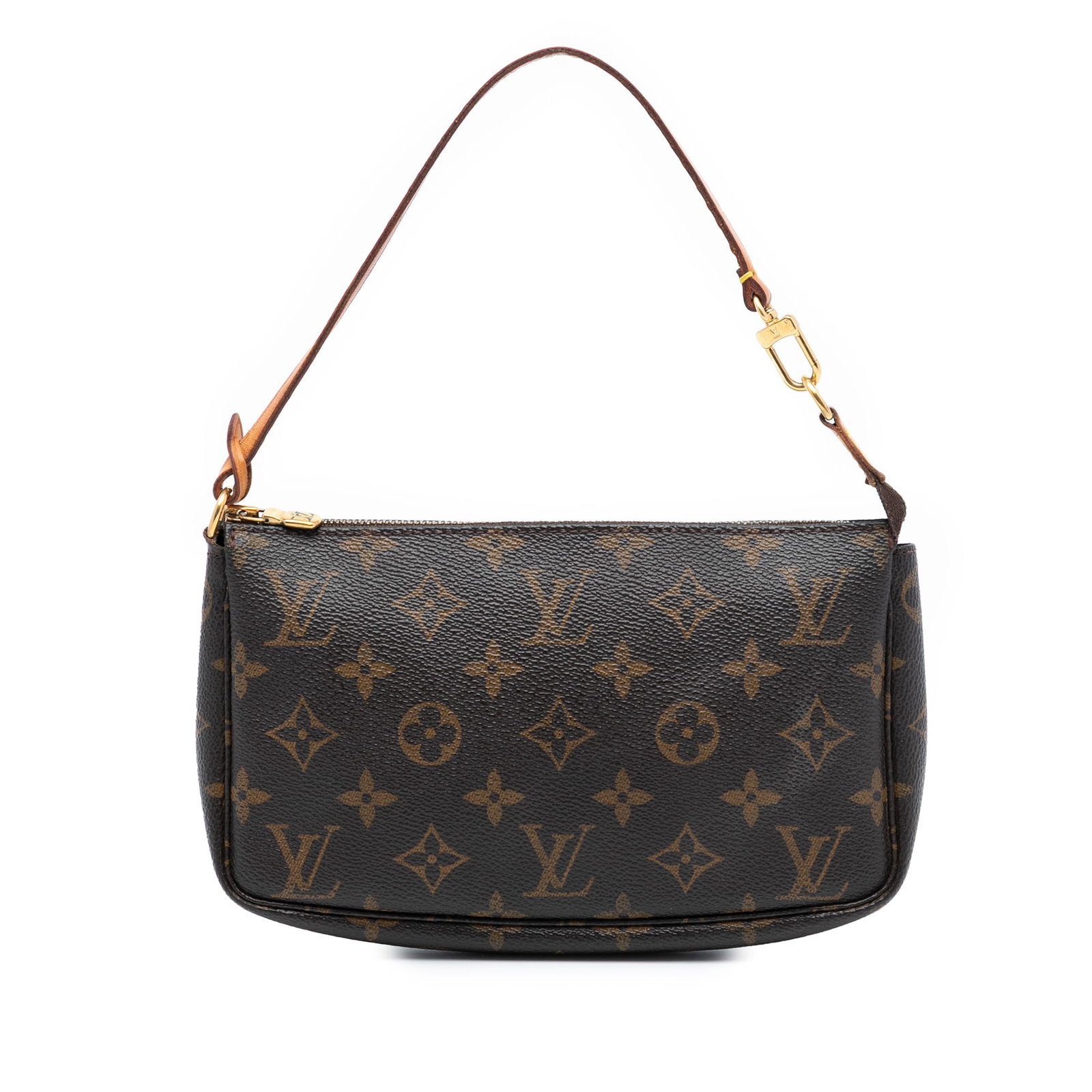 Louis Vuitton Brown Monogram Canvas Pochette Accessoires Handbag with Leather Handle: Louis Vuitton Brown Monogram Canvas Pochette Accessoires Handbag with Leather Handle This Louis Vuitton Monogram Pochette Accessoires features a classic monogram canvas body, a flat vachetta leather h