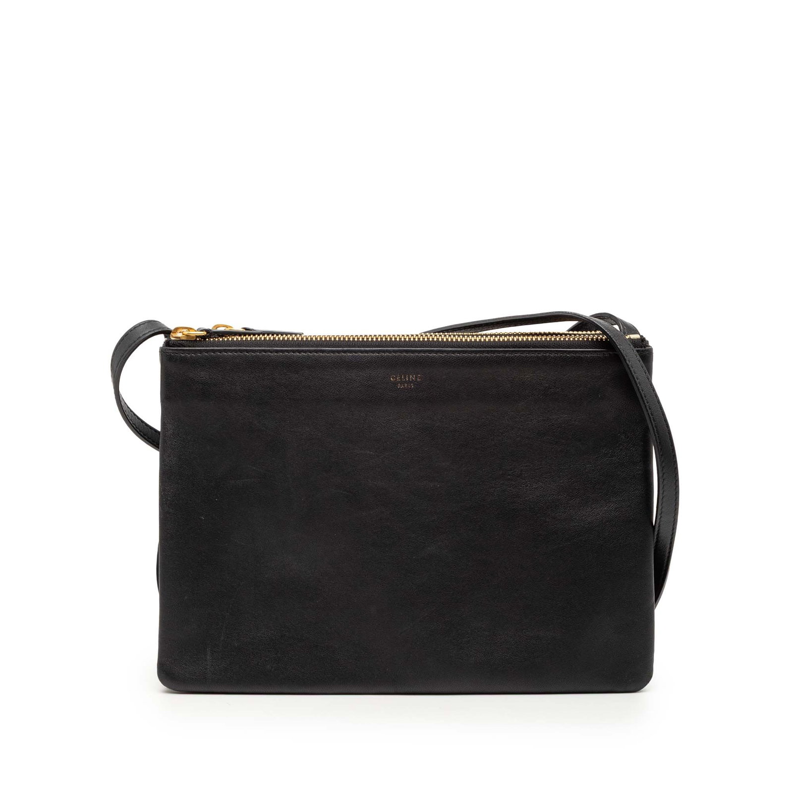 Celine Trio Large Black Lambskin Leather Triple Zip Crossbody Bag: Celine Trio Large Black Lambskin Leather Triple Zip Crossbody Bag This Celine Large Lambskin Trio Crossbody features a black lambskin leather body with a flat leather shoulder strap and triple top zip