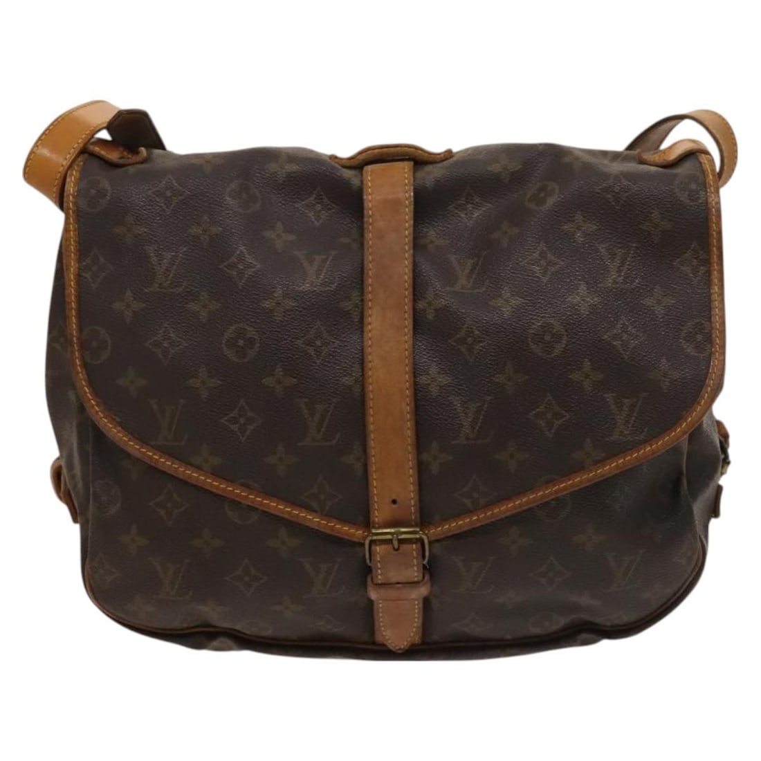 Louis Vuitton Saumur Monogram Canvas Satchel Brown Unisex France: Louis Vuitton Saumur Monogram Canvas Satchel Brown Unisex France This Louis Vuitton Saumur handbag features the iconic monogram canvas in brown, designed for unisex use. The bag is in fair condition w