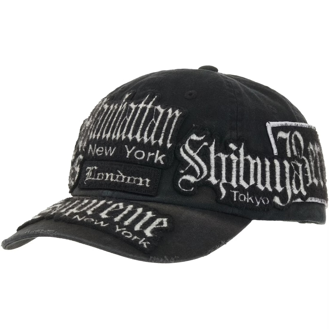 Black Supreme 6 Panel City Patches Cap: Black Supreme 6 Panel City Patches Cap This is a Supreme City Patches 6-Panel cap in black. The hat features multiple city-themed patches and a classic six-panel construction, offering a stylish and u